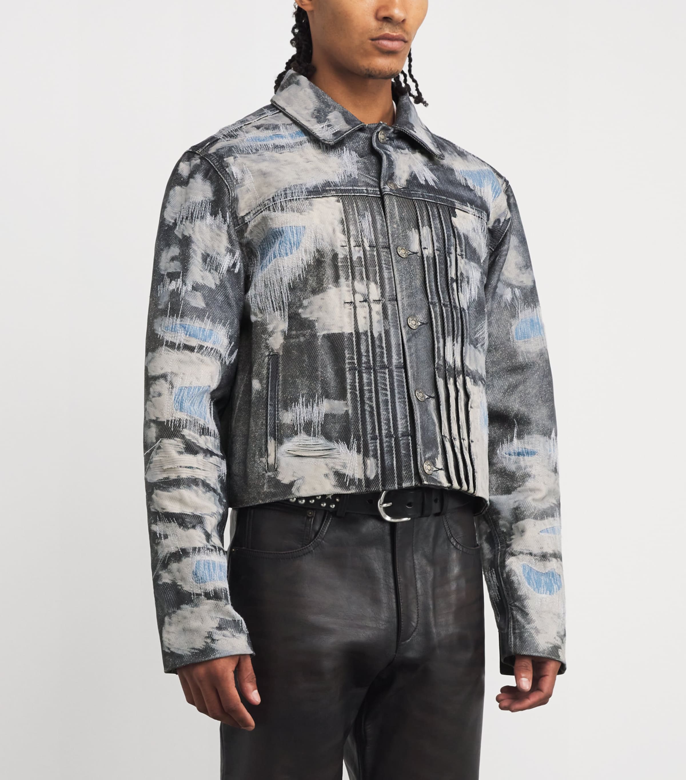 Denim-Effect Trucker Leather Jacket BLUE DENIM TEXTURE Image 3