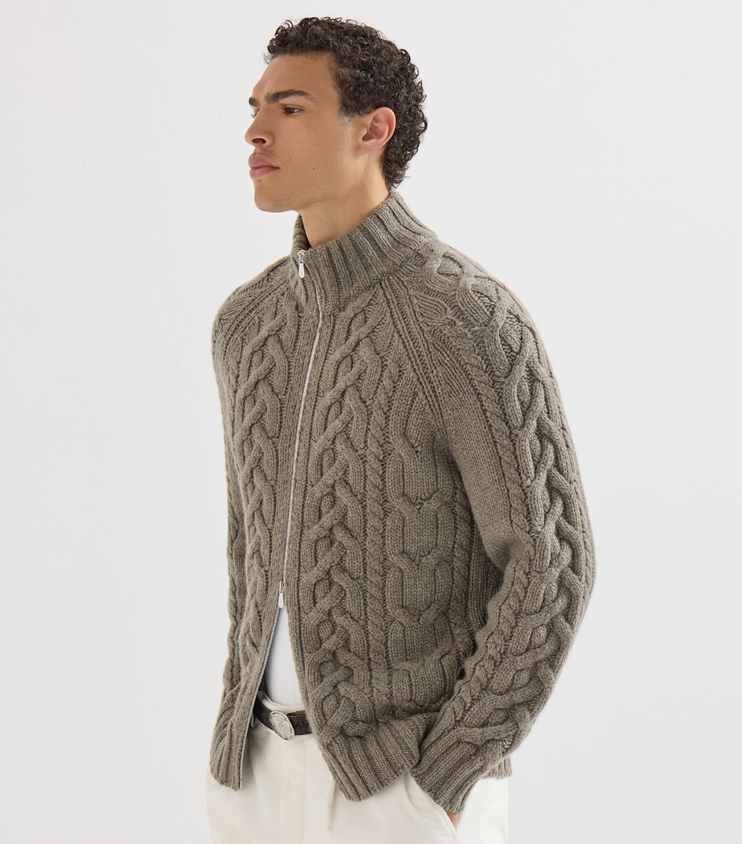 Brunello Cucinelli Mens Cashmere Cable-Knit Zip-Up Cardigan Army Washed Image 2