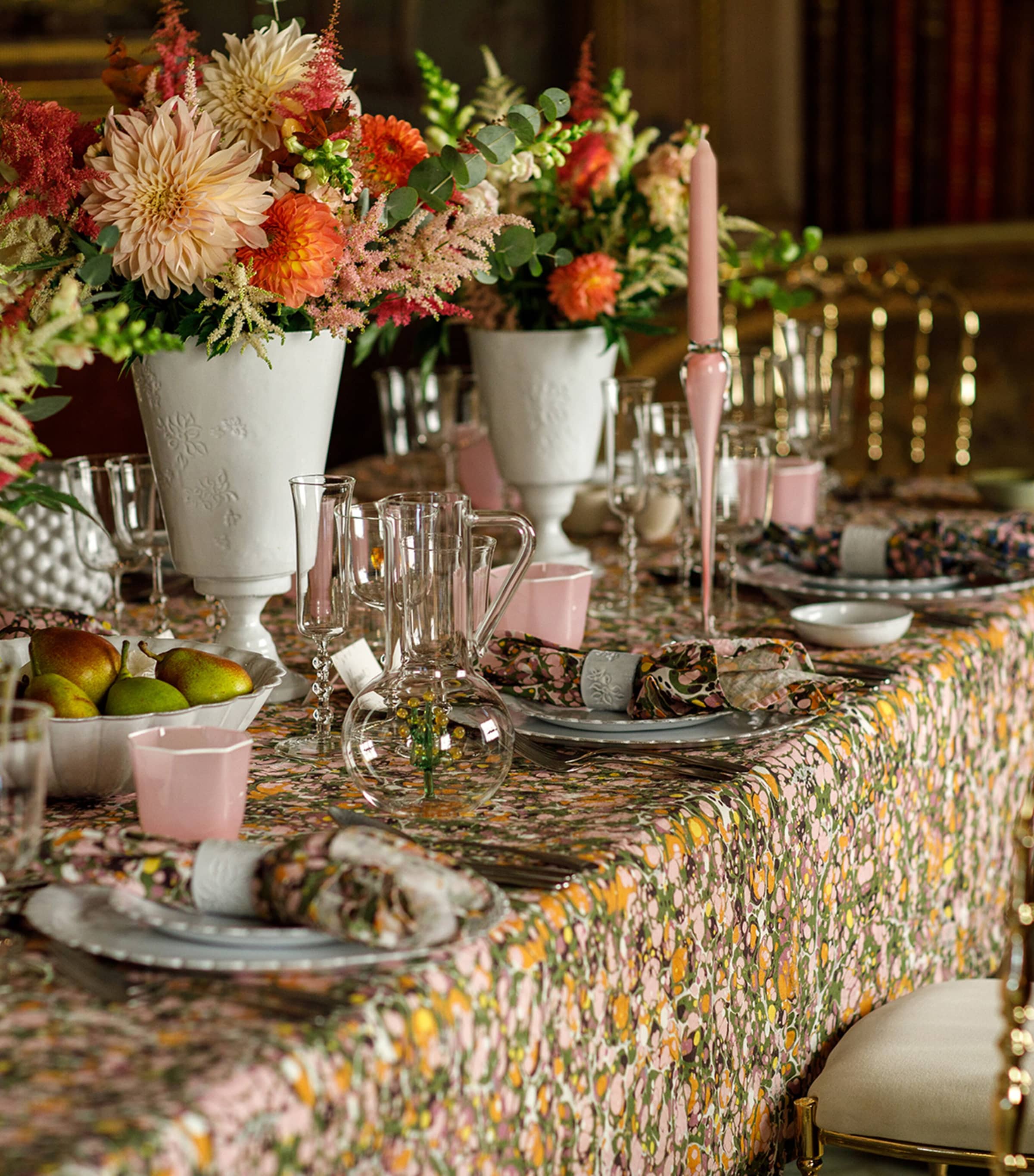 Linen Marble Tablecloth (165cm x 380cm) GREEN, PINK, ORANGE Image 5