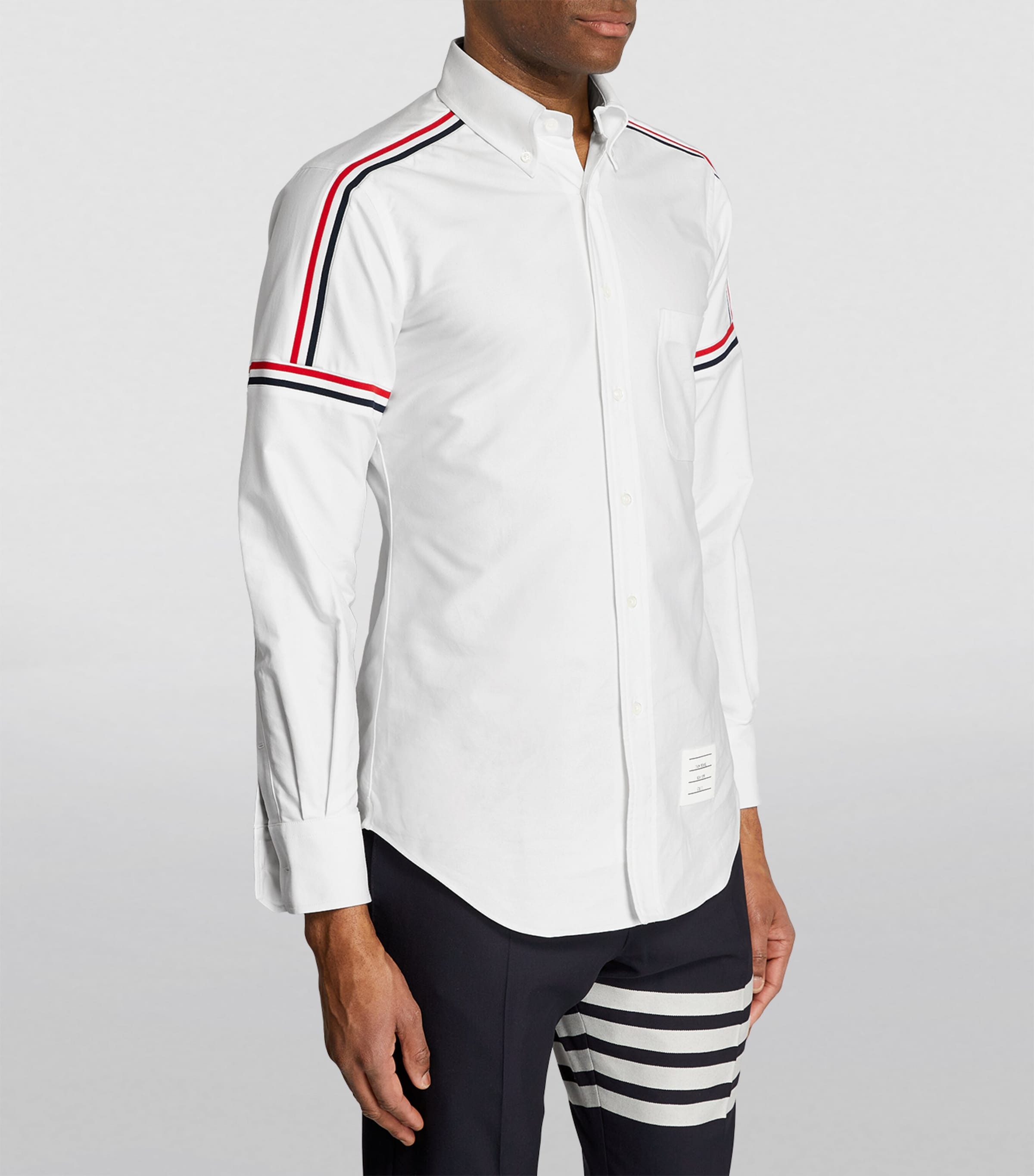 【関税&送料込】Thom Browne White T-Shirt With Tricolour Det Thom Browne Tricolour Stripe T-Shirt | Harrods UK