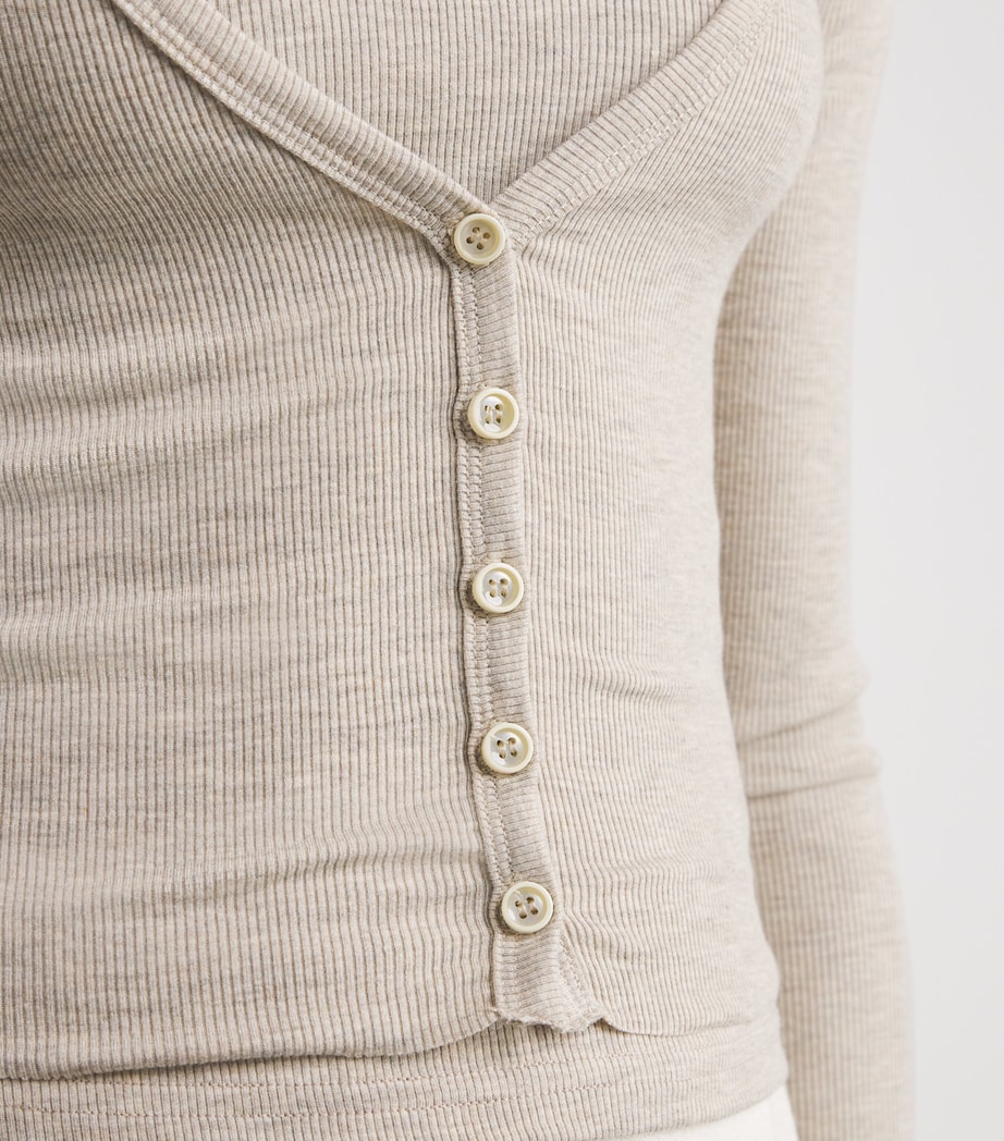 ÉTERNE Womens Ribbed Cropped V-Neck Cardigan Hoat Heather Oatmeal Image 6