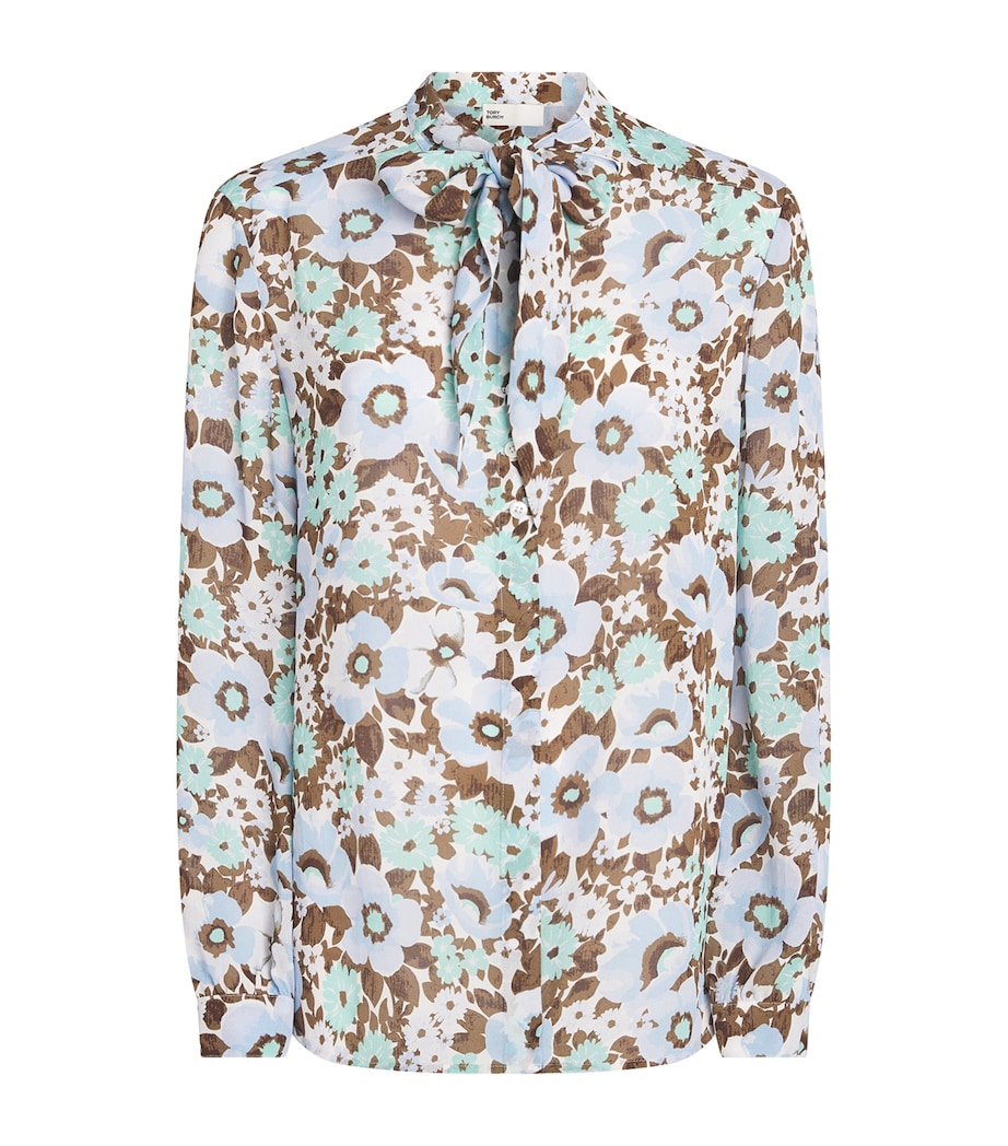 Tory Burch Womens Printed Tie-Neck Blouse Blue Floral Image 1