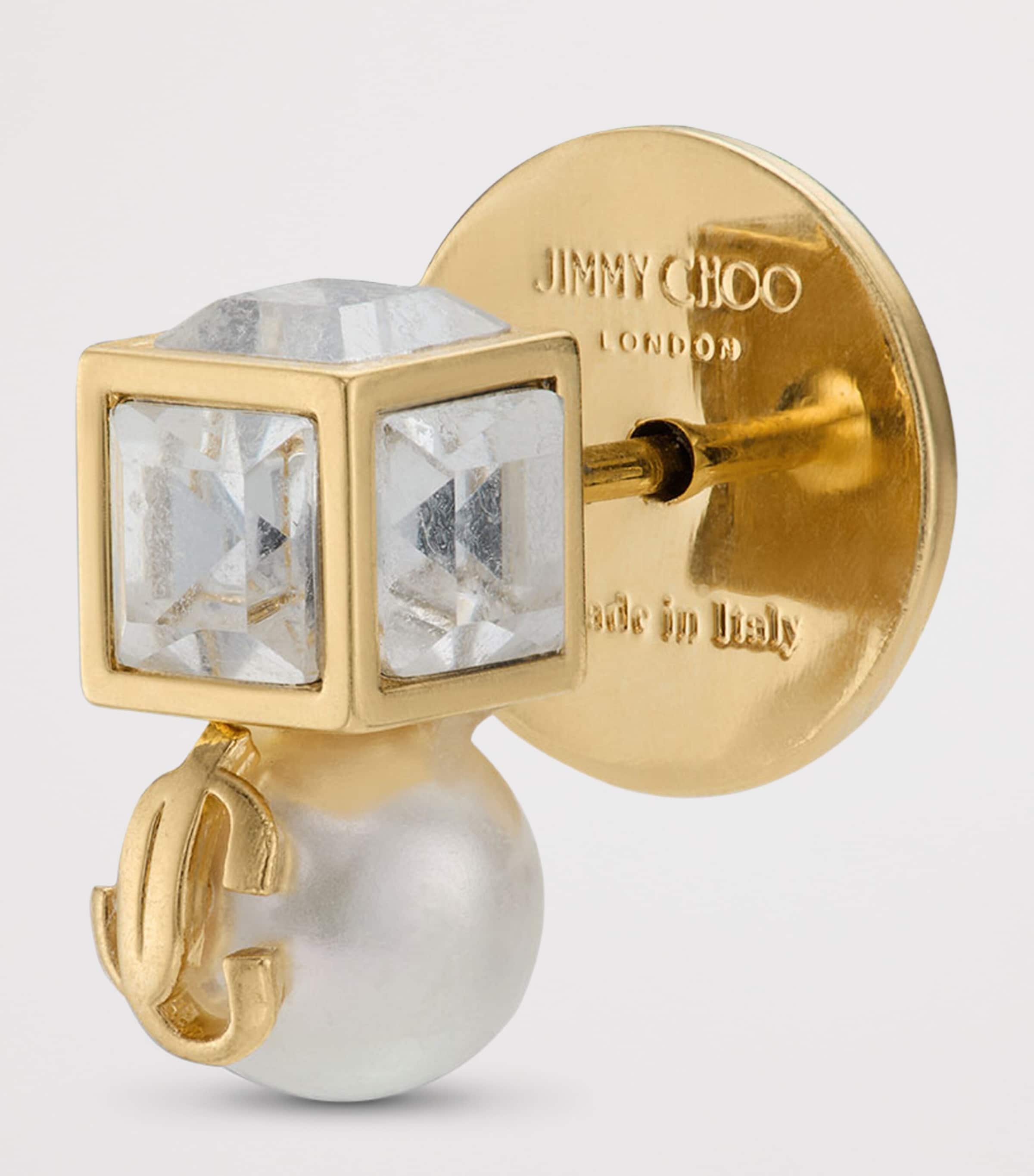 Jimmy Choo Faux Pearl Cube Logo Earrings Gold/white/crystal Image 3
