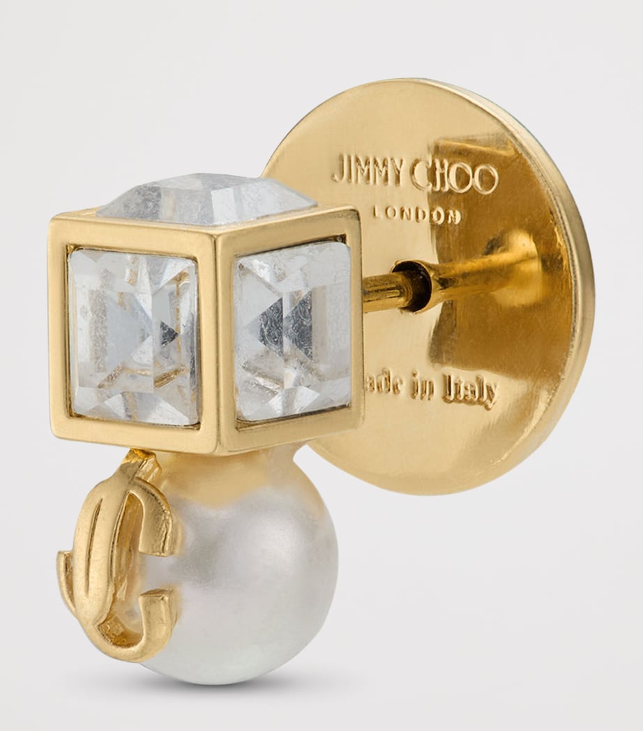 Jimmy Choo Faux Pearl Cube Logo Earrings Gold/white/crystal Image 3