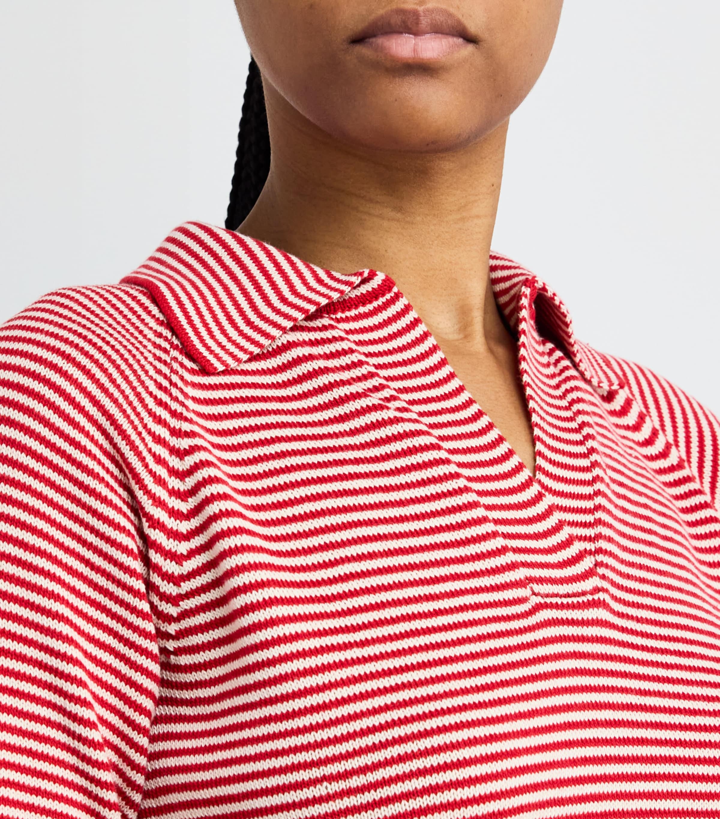 Cotton Stripe Open Polo Shirt RED Image 6