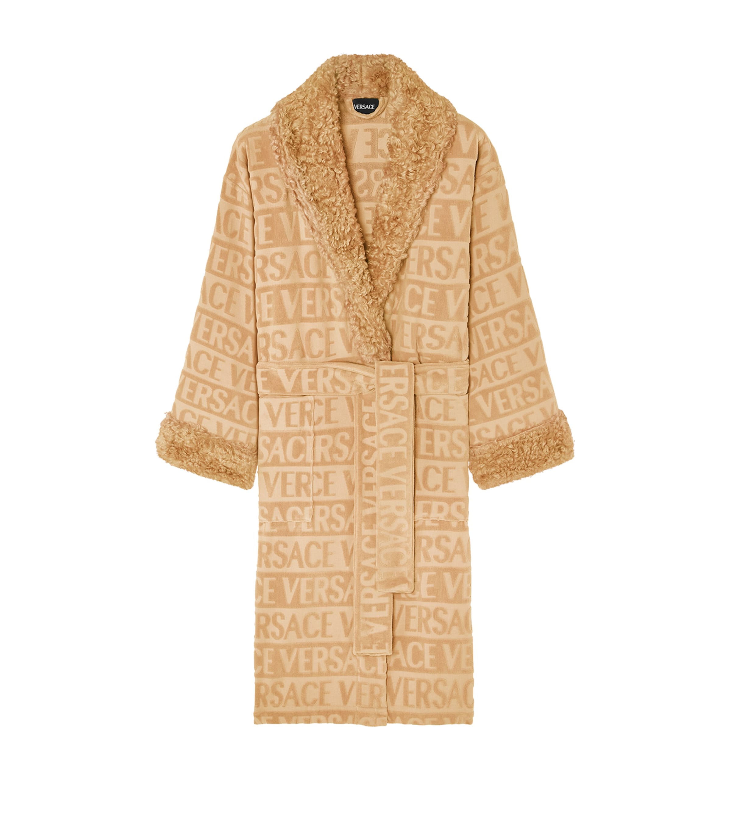 Versace Faux Fur-trim Monogram Dressing Gown In Neutral