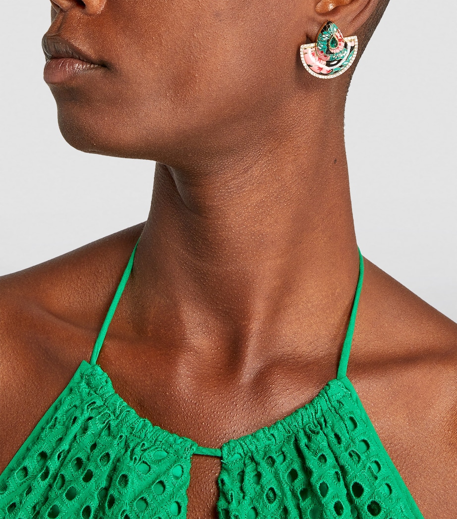 Yellow Gold and Diamond Chinoiserie Bond Fan Earrings GREEN PINK Image 4