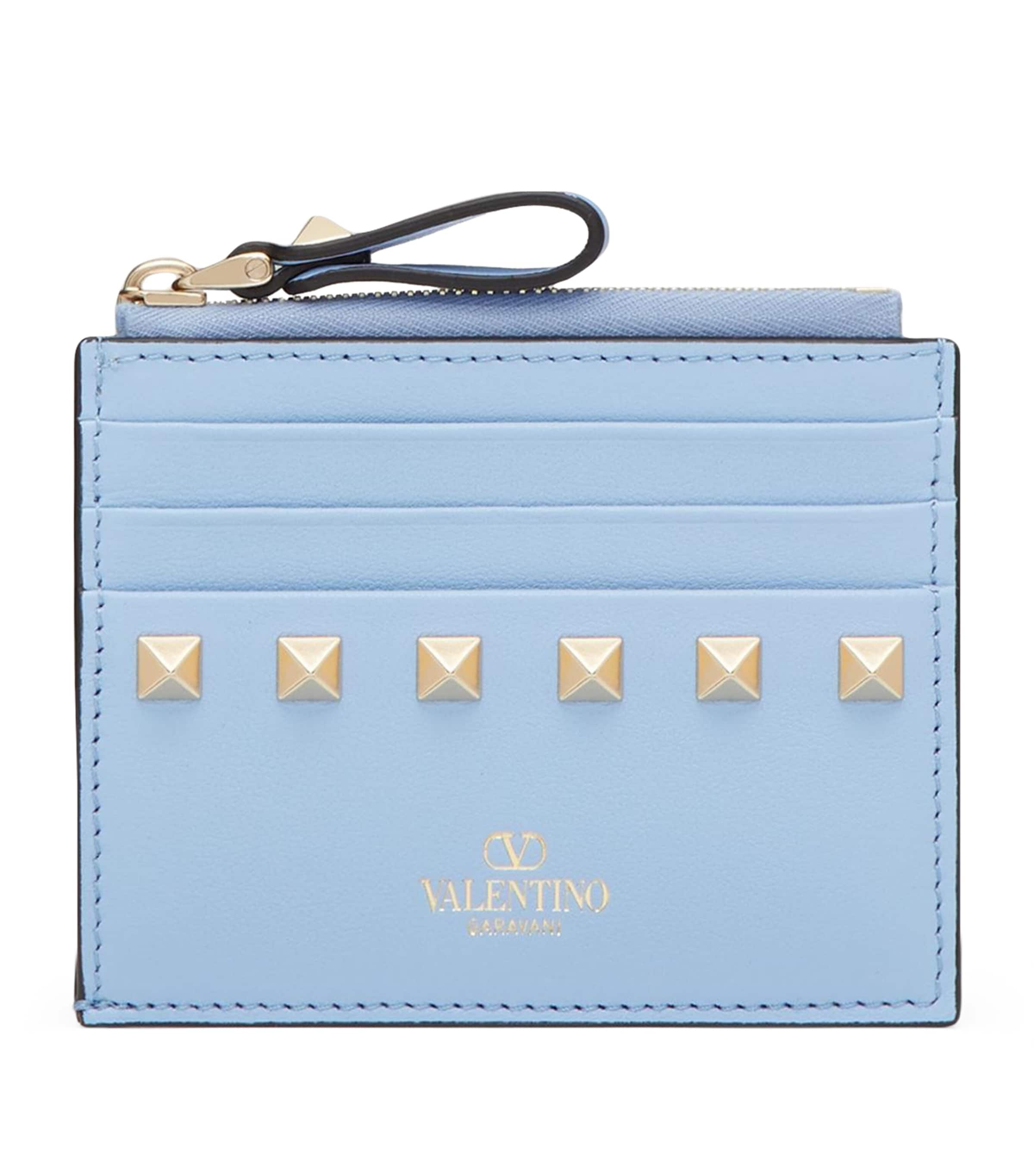 Valentino Garavani Leather Rockstud Coin And Card Holder In Blue