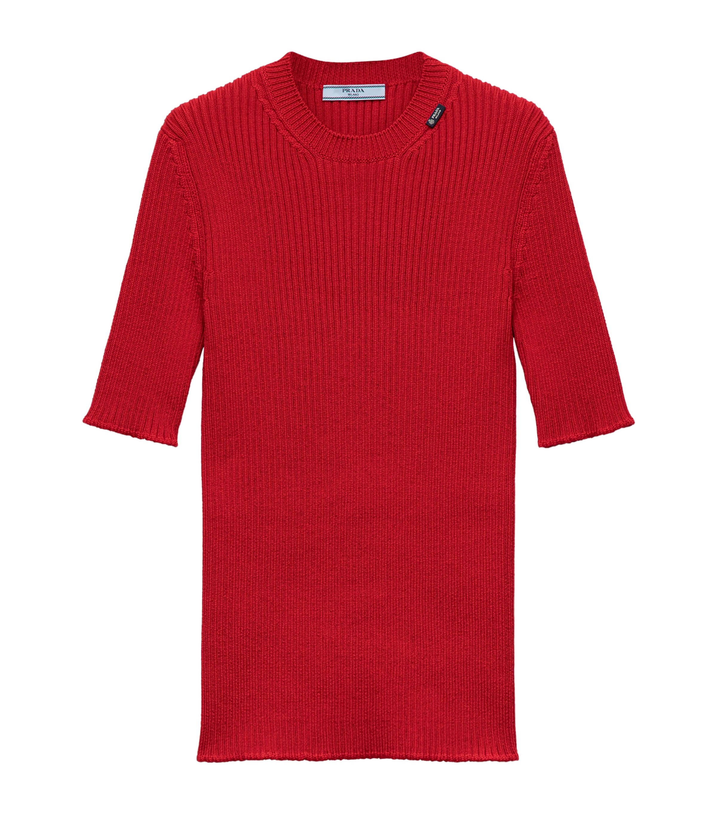 Prada Womens Wool Ribbed Short-Sleeve Sweater Red Image 1