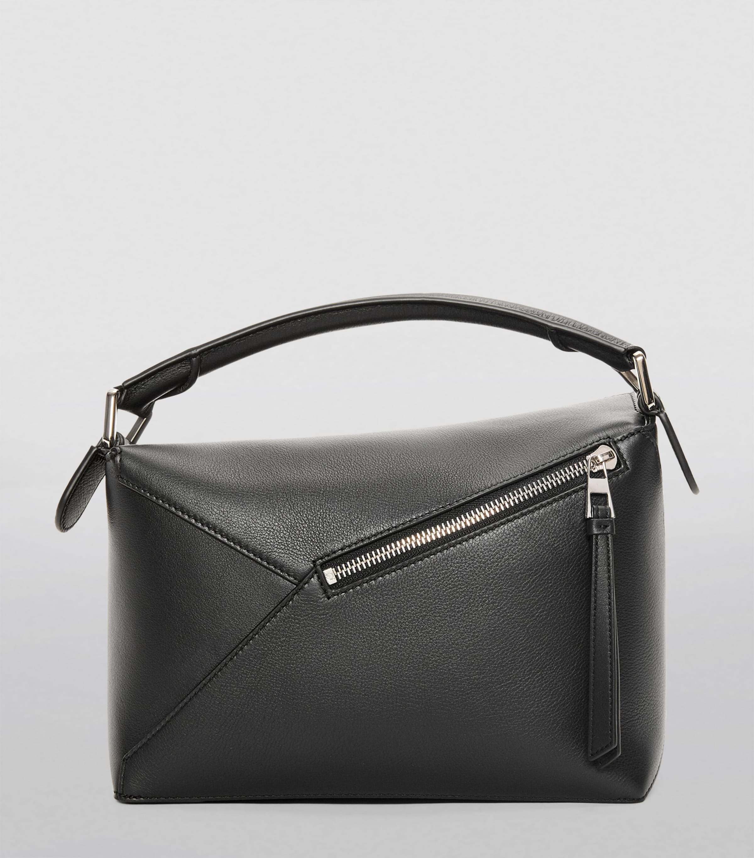 Small Leather Puzzle Edge Top-Handle Bag BLACK Image 3