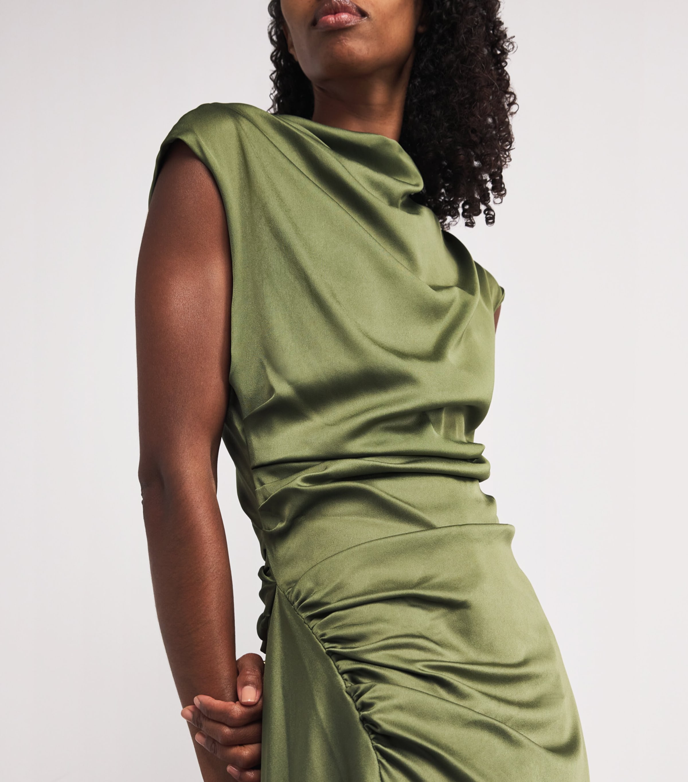 Satin Ruched Burke Midi Dress OLIVE Image 6