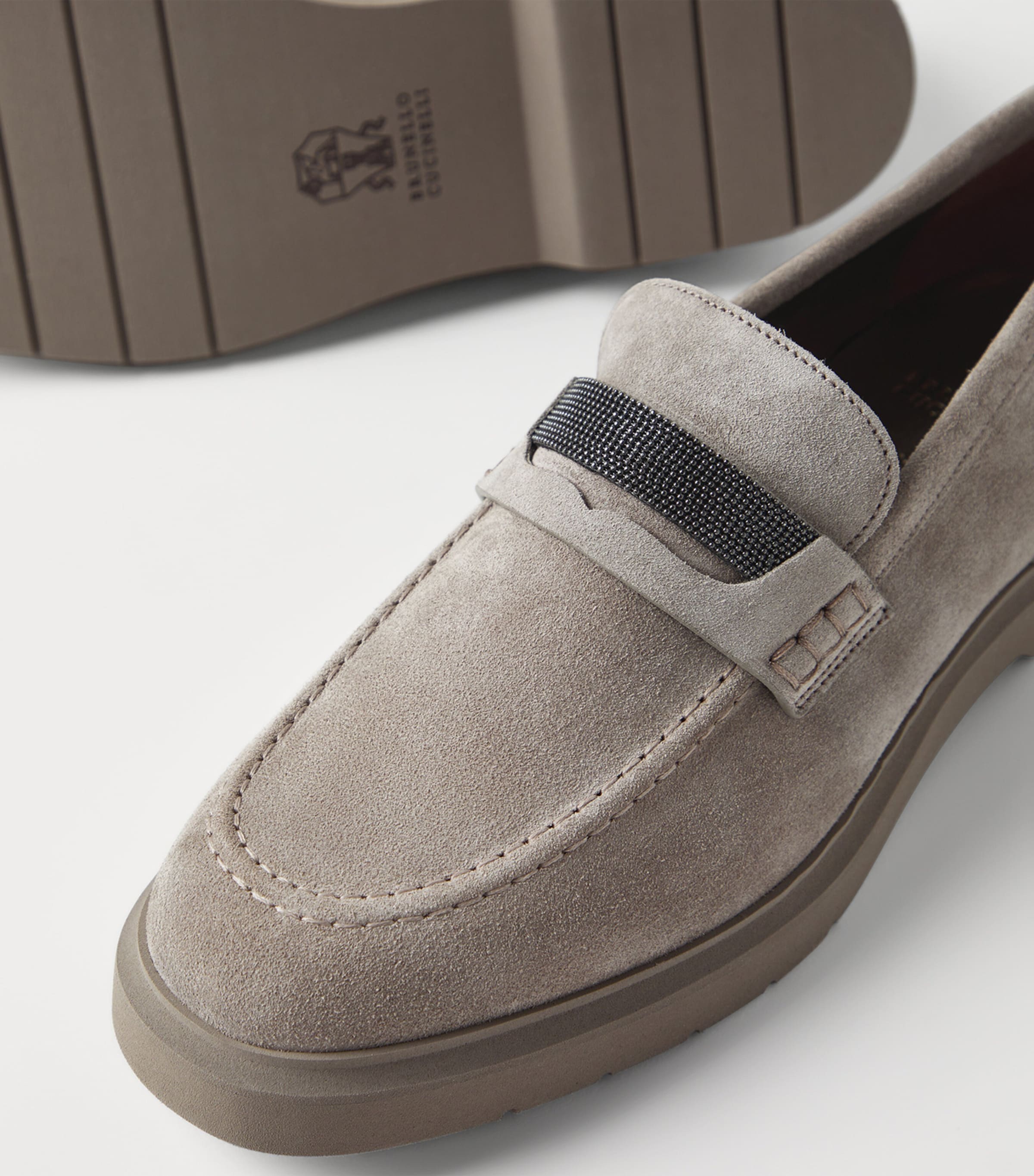 Brunello Cucinelli Beige Suede Monili Penny Loafers | Harrods US
