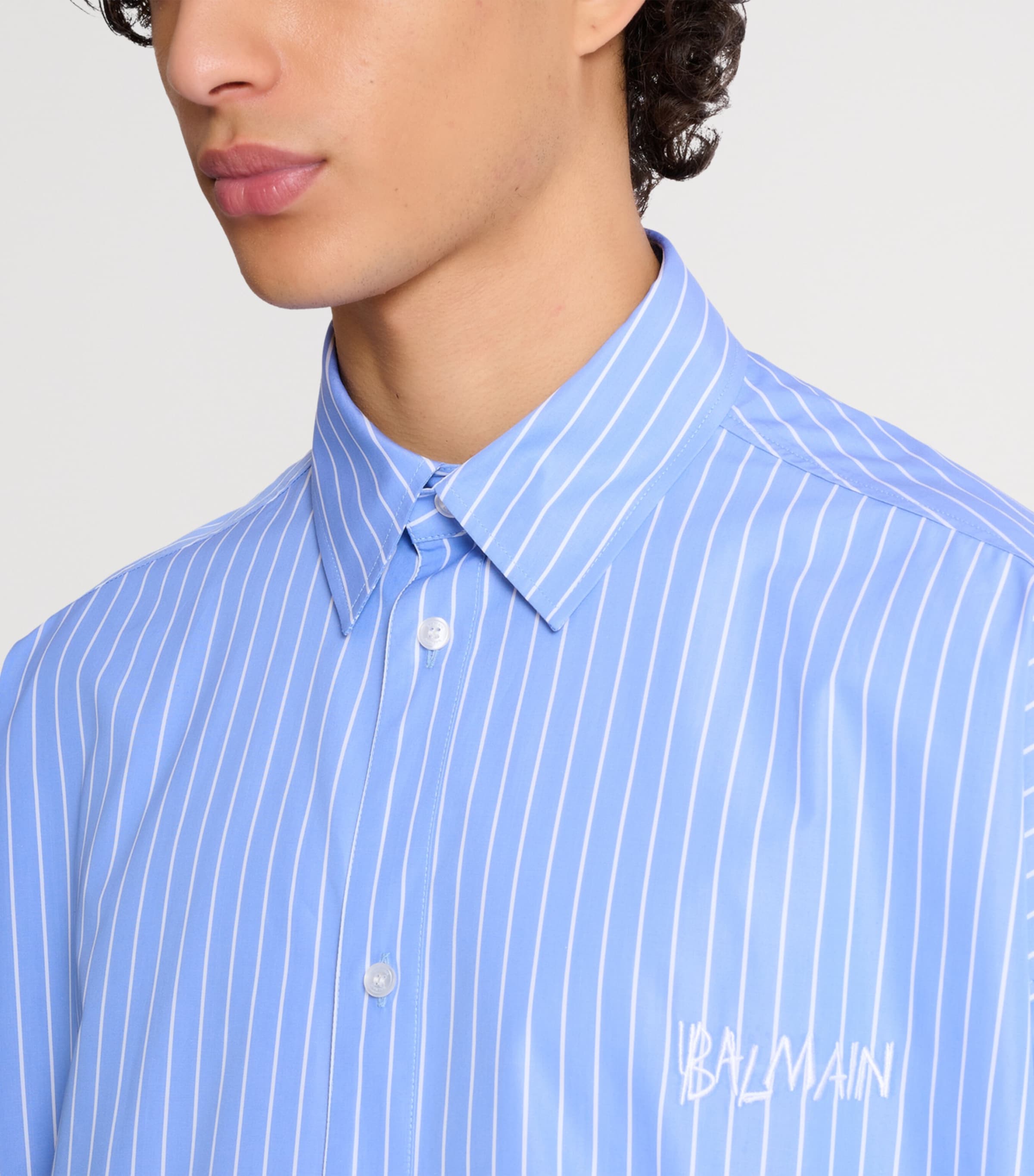 Balmain Mens Cotton Relaxed Stripe Logo Shirt Sab Bleu/blanc Image 8