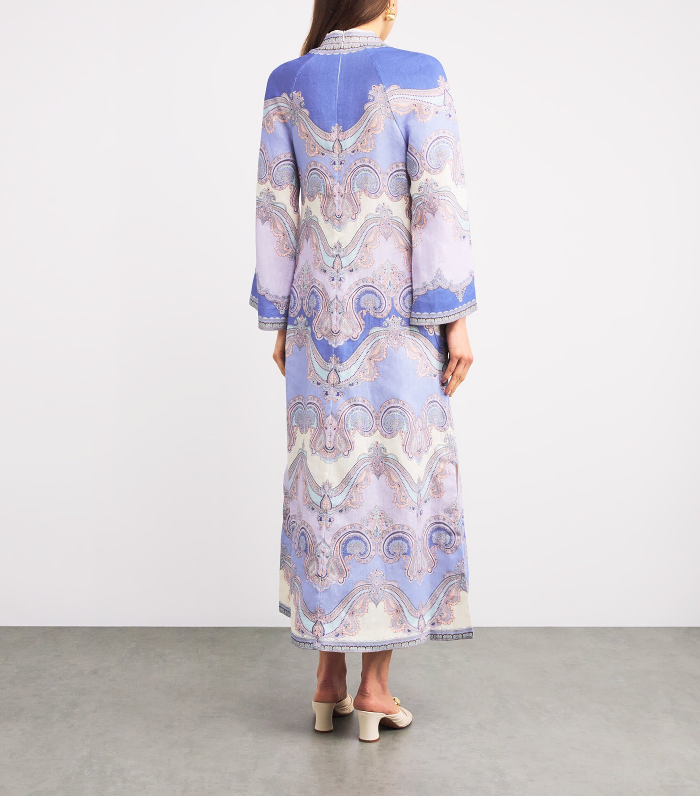 Zimmermann Womens Linen V-Neck Kaftan Midi Dress Cornflower Paisley Image 3