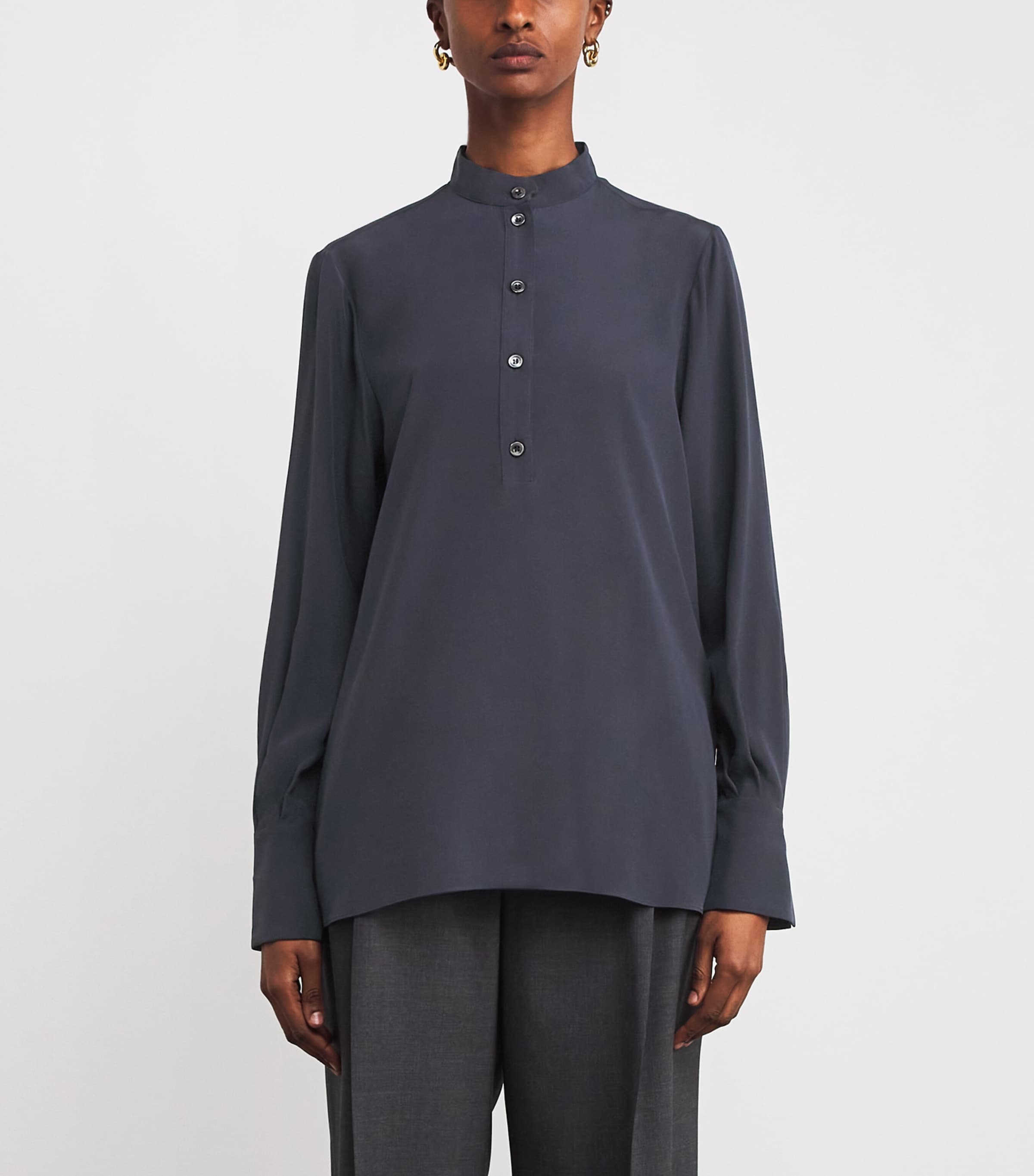 Eleventy Womens Silk Button-Up Tunic Shirt Carbone Image 3
