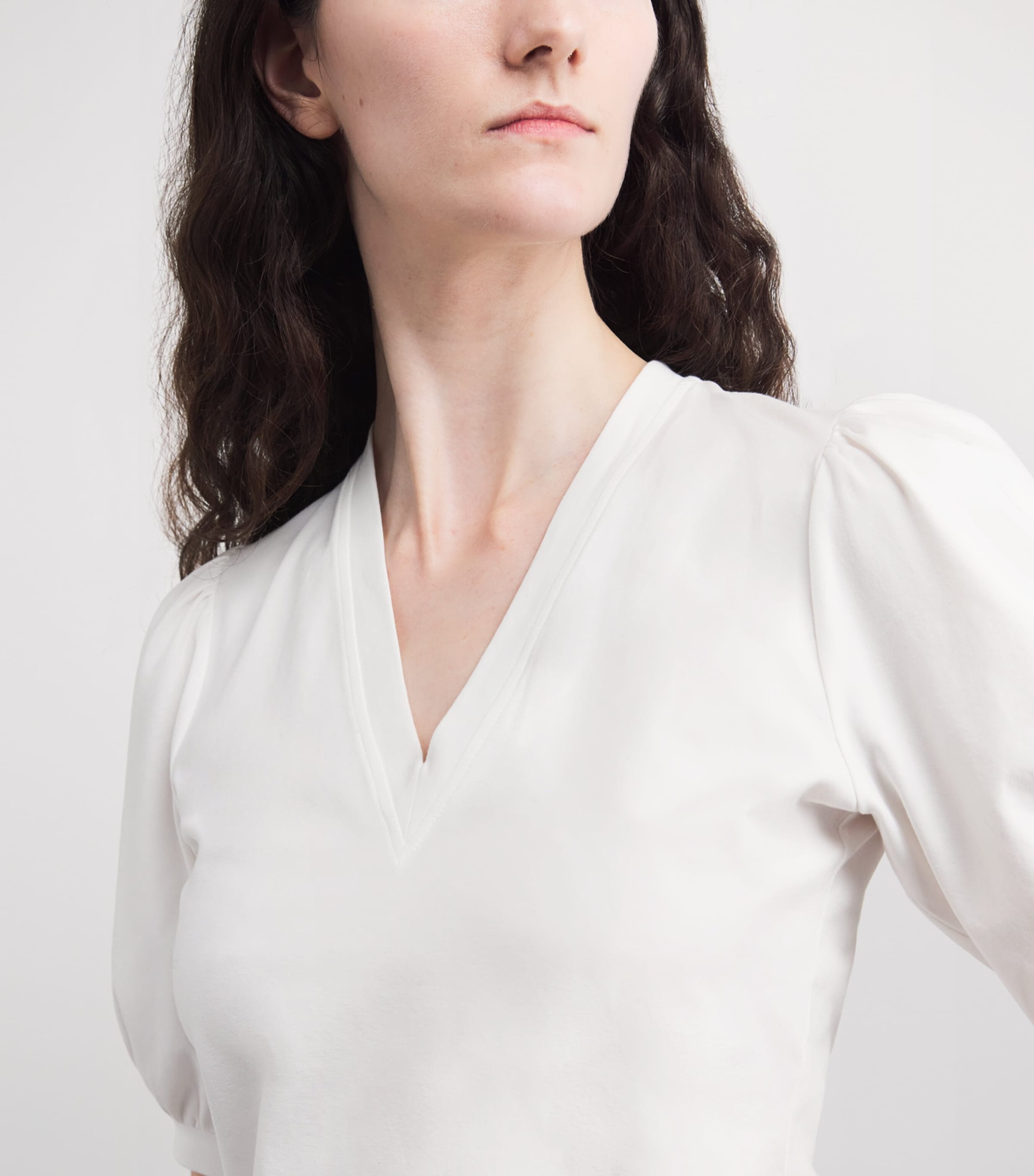 ME+EM Womens Stretch-Cotton Pouf-Sleeve T-Shirt Soft White Image 3