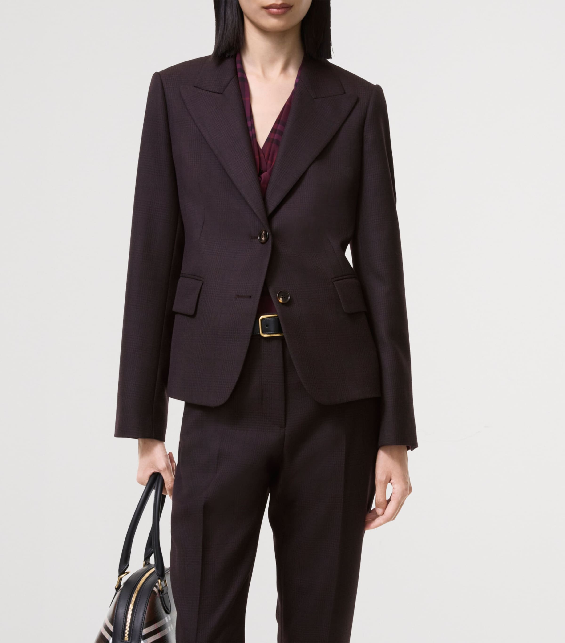 Burberry Womens Wool Check Blazer Dark Pelt Brown Chk Image 2