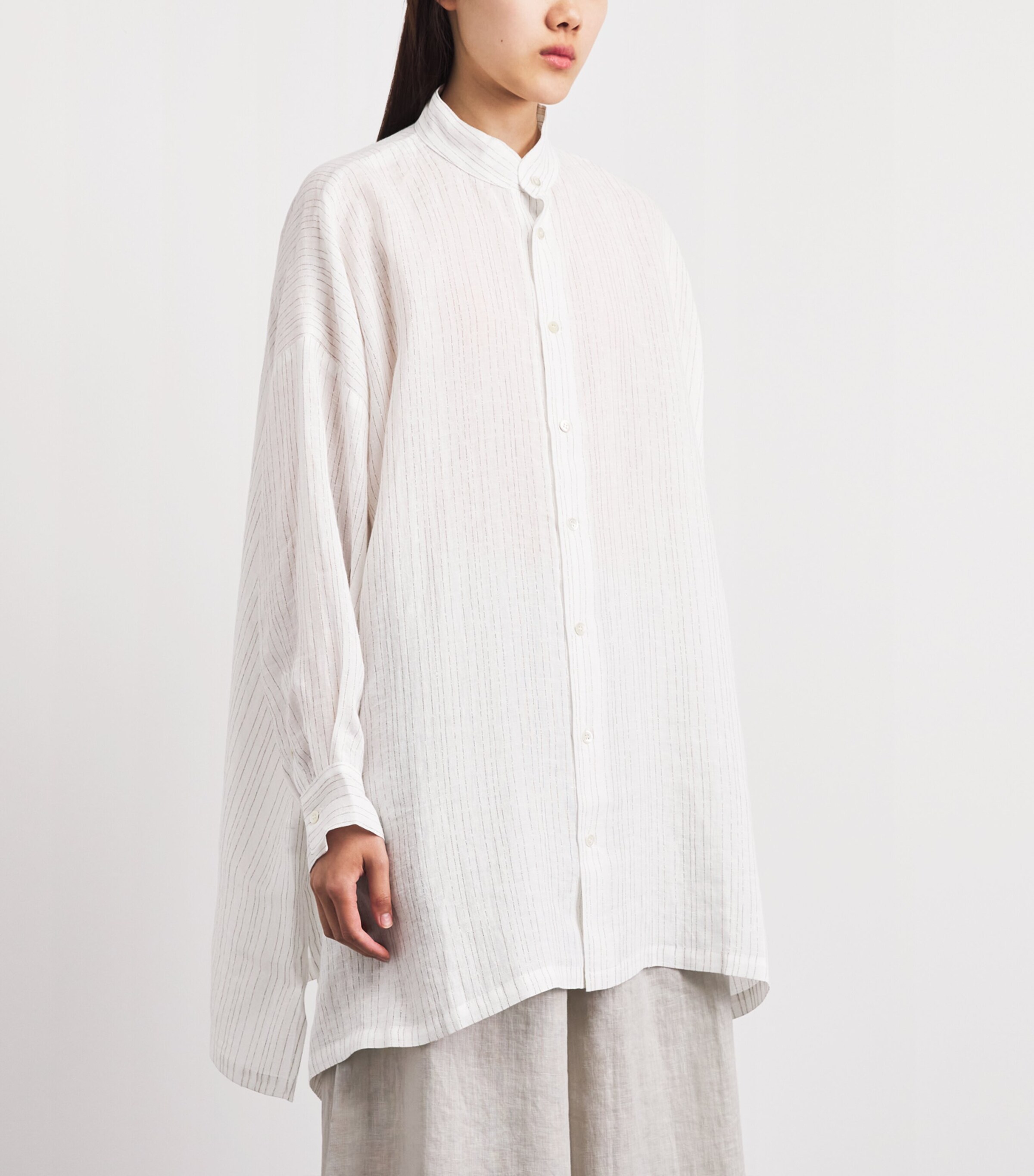 Eskandar Womens Linen-Blend Collarless Stripe Shirt White Image 4