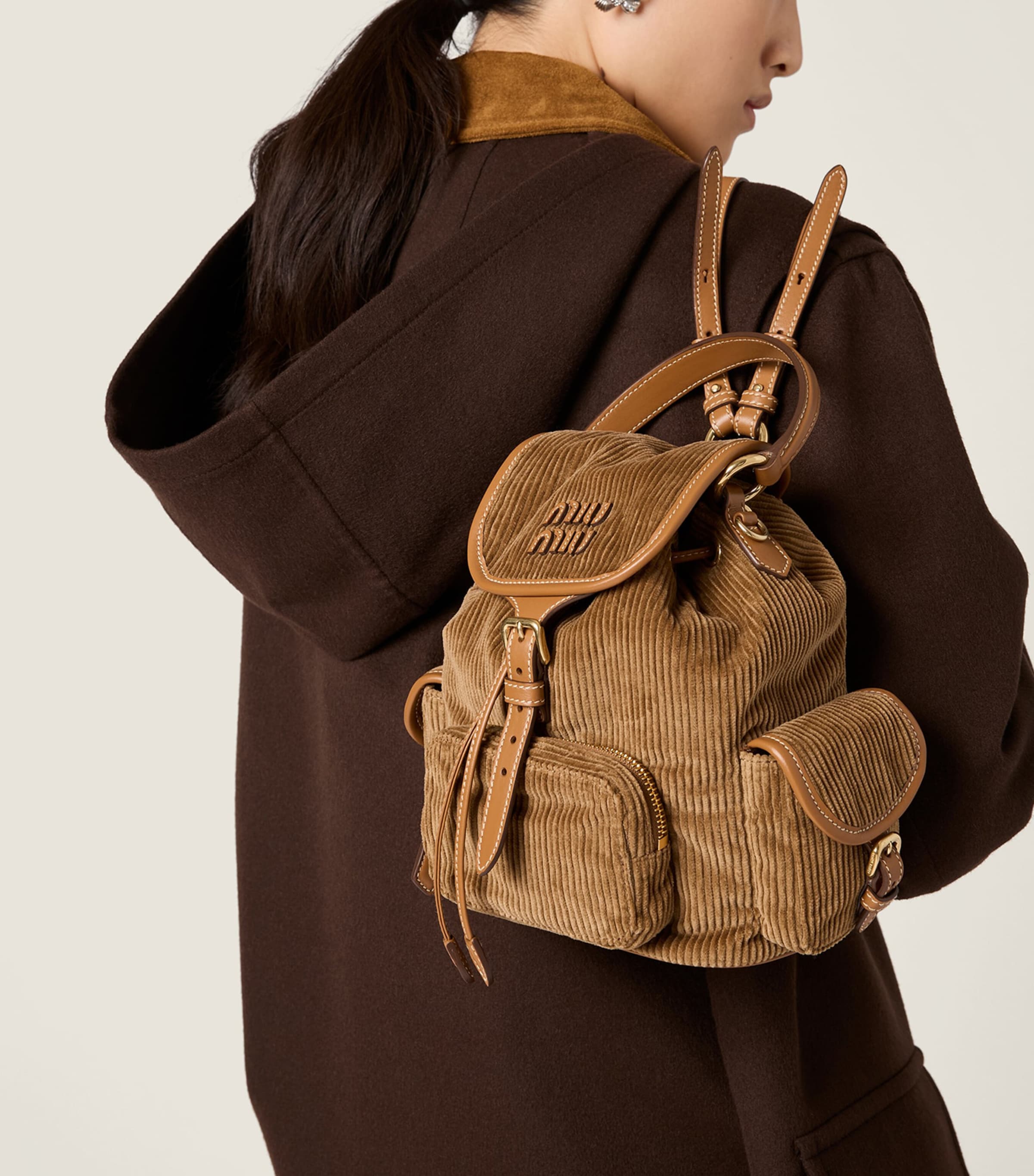 Medium Corduroy Leather-Trim Backpack F0401 Image 5