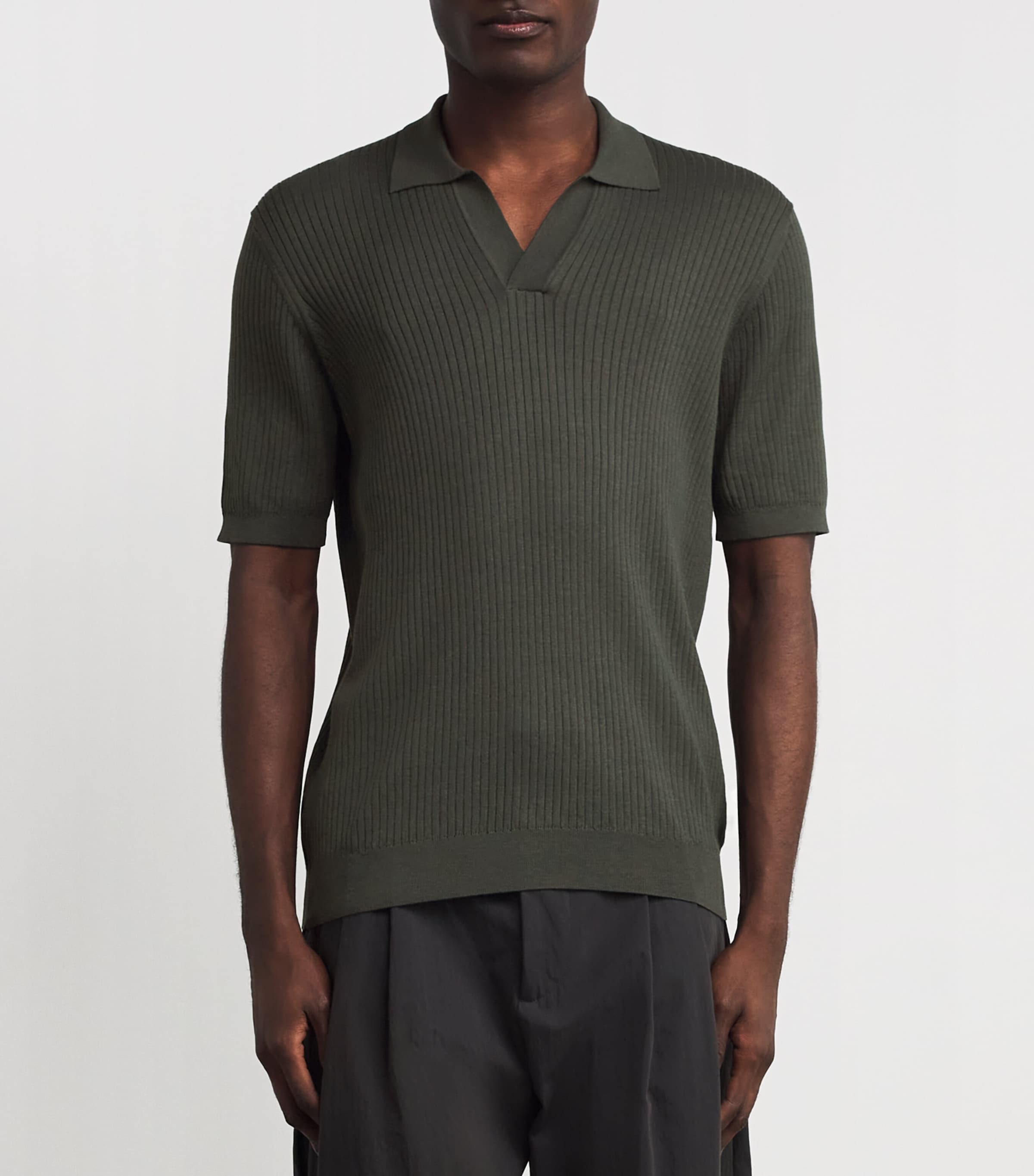 Sunspel Mens Silk-Cotton Rib-Knit Polo Shirt Gnij Dusk Green Image 3