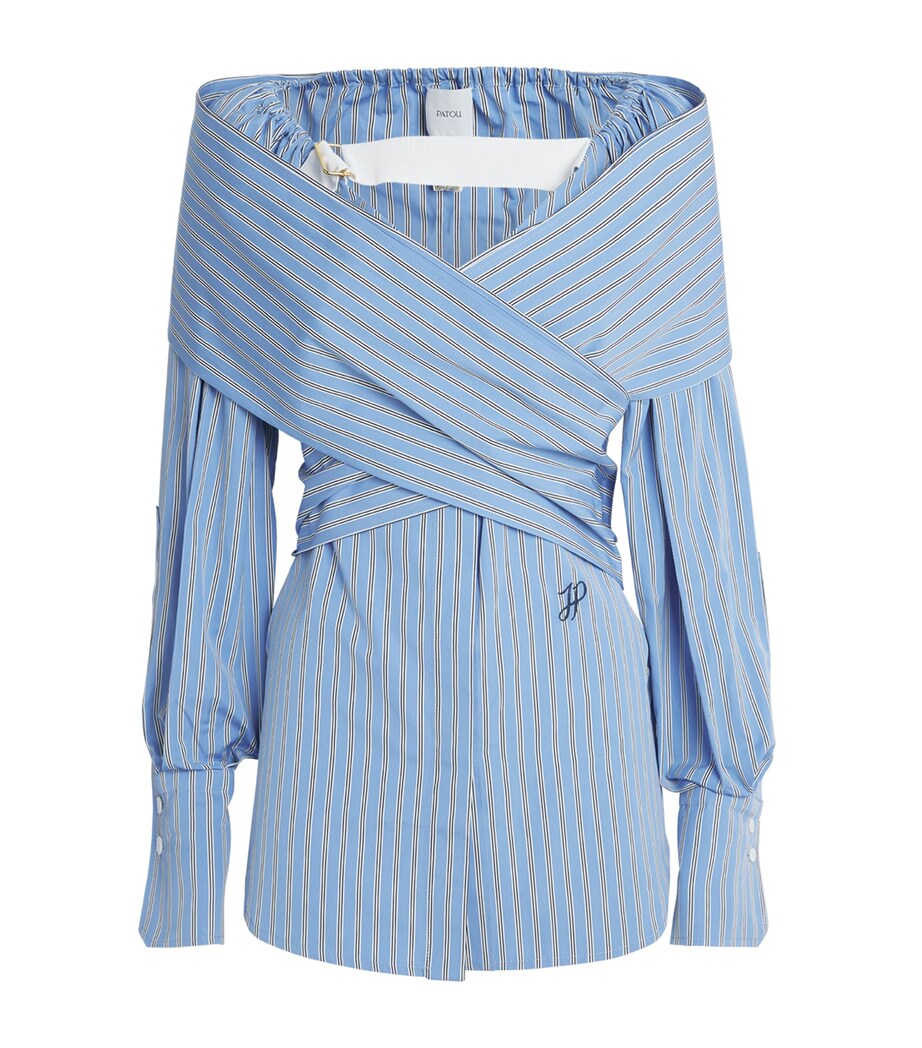 Patou Womens Cotton Striped Draped Blouse Heritage Blue Image 1