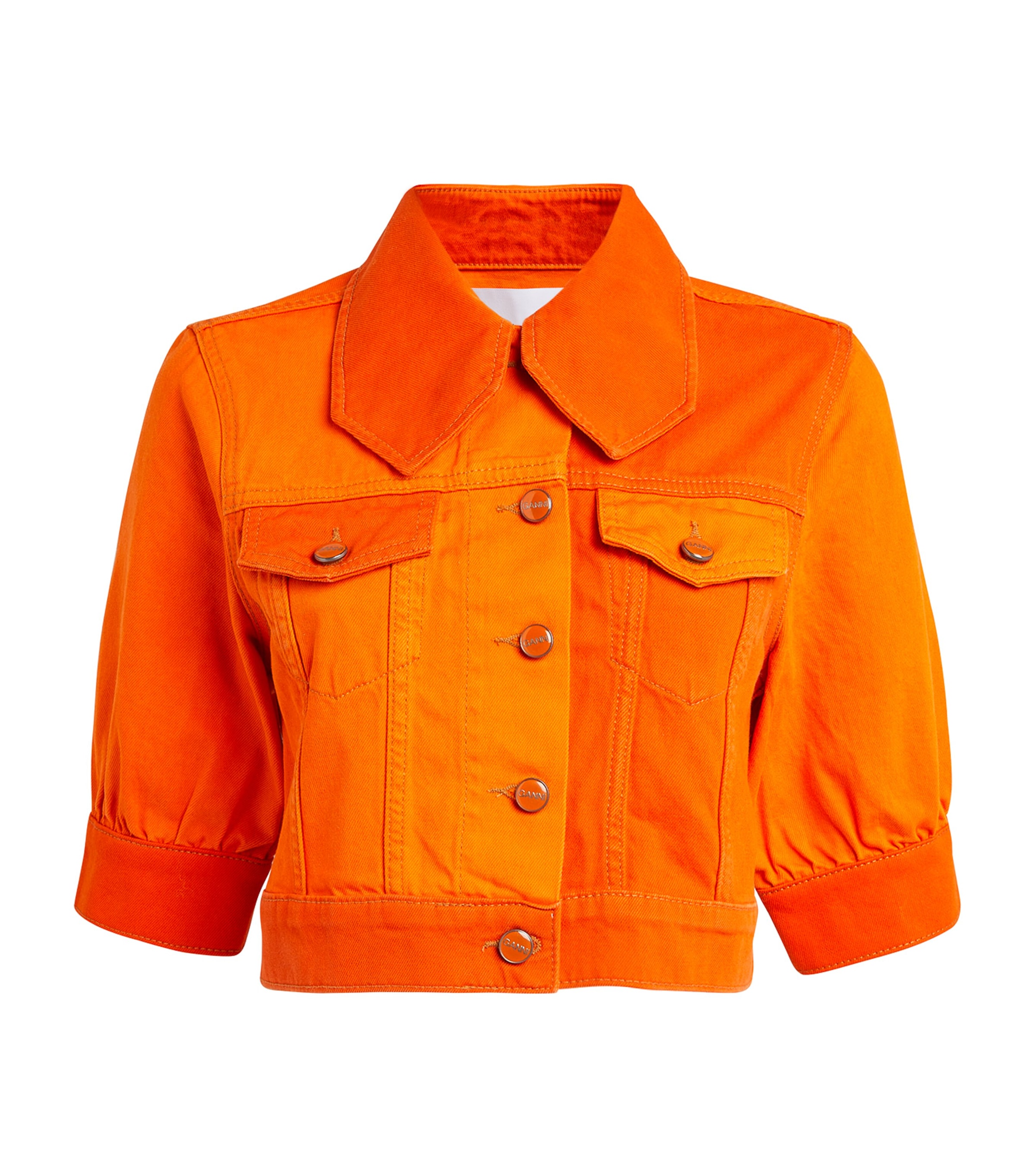 Shop Ganni Puff-sleeved Denim Jacket In Orange