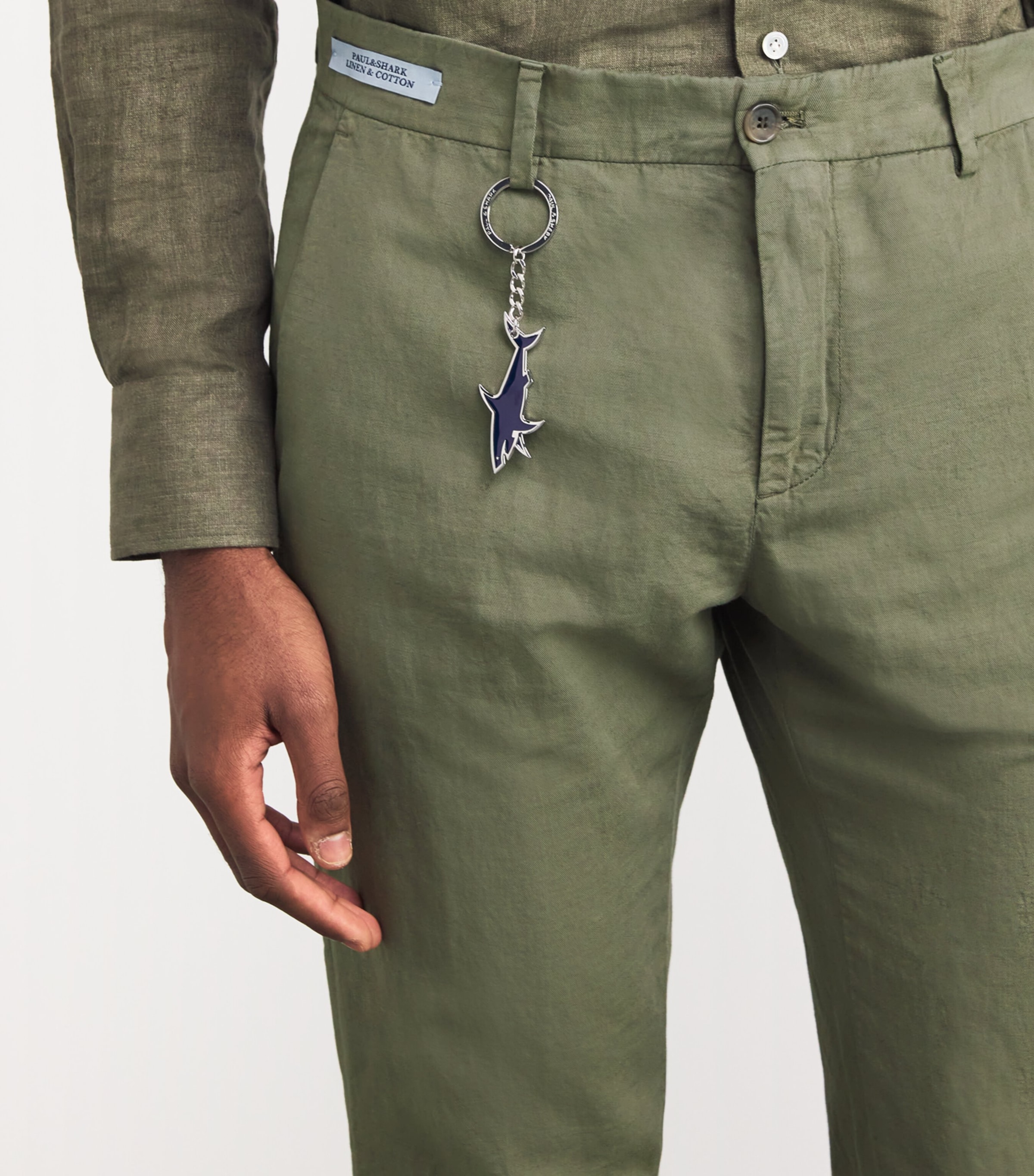 Cotton-Linen Chinos with Shark Charm 036GREEN Image 6
