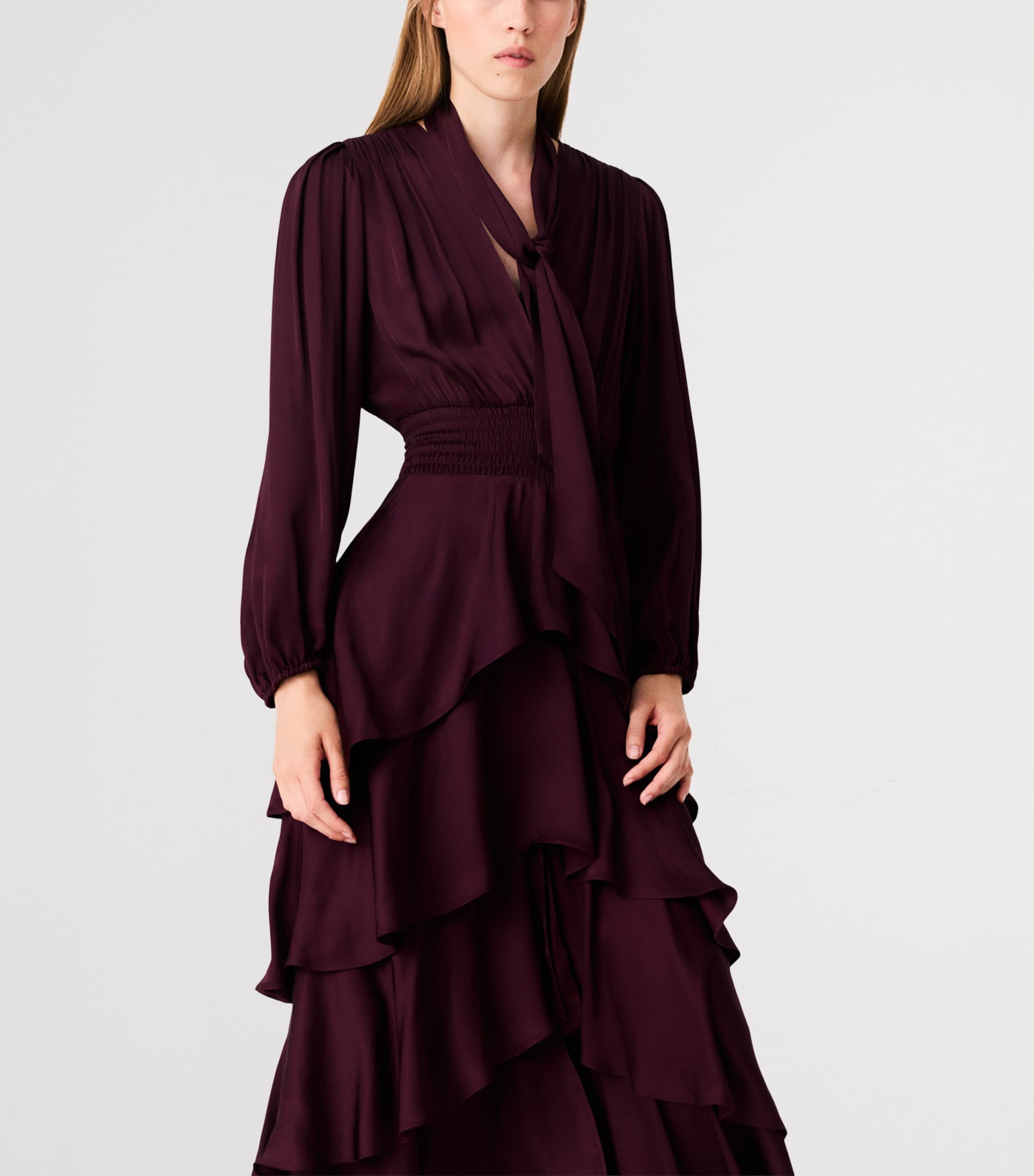 Maje Womens Tiered Pussybow Midi Dress Burgundy Image 6