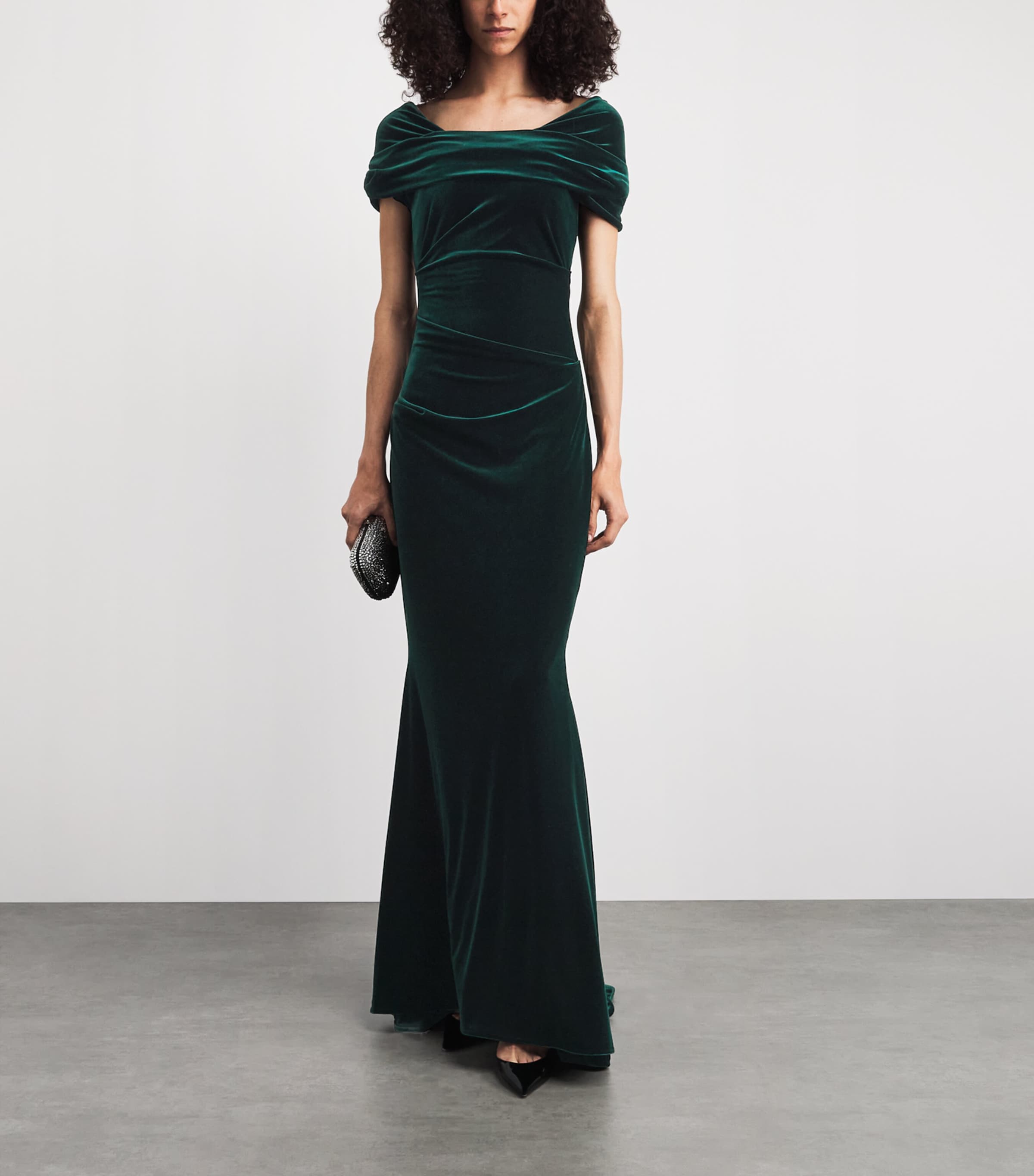 Talbot Runhof Womens Stretch-Velvet Draped Gown Hunter Green Image 2