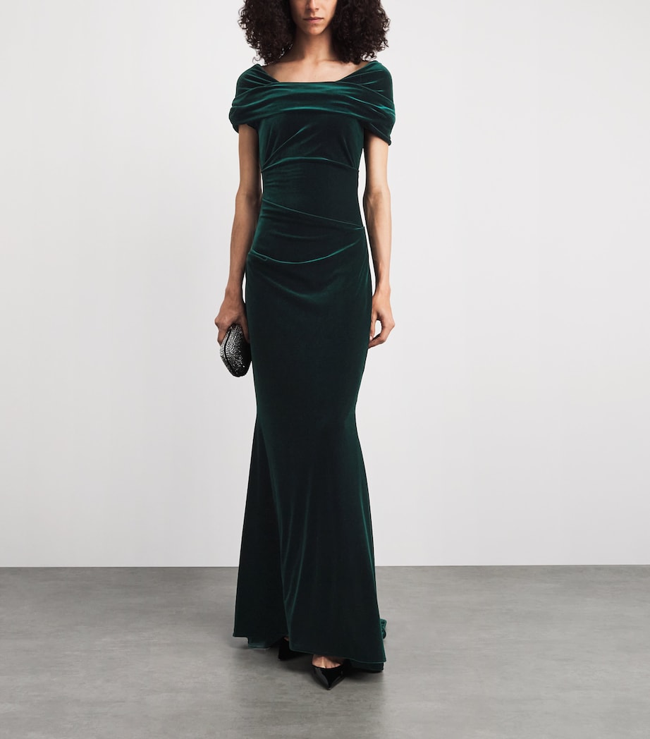 Talbot Runhof Womens Stretch-Velvet Draped Gown Hunter Green Image 2