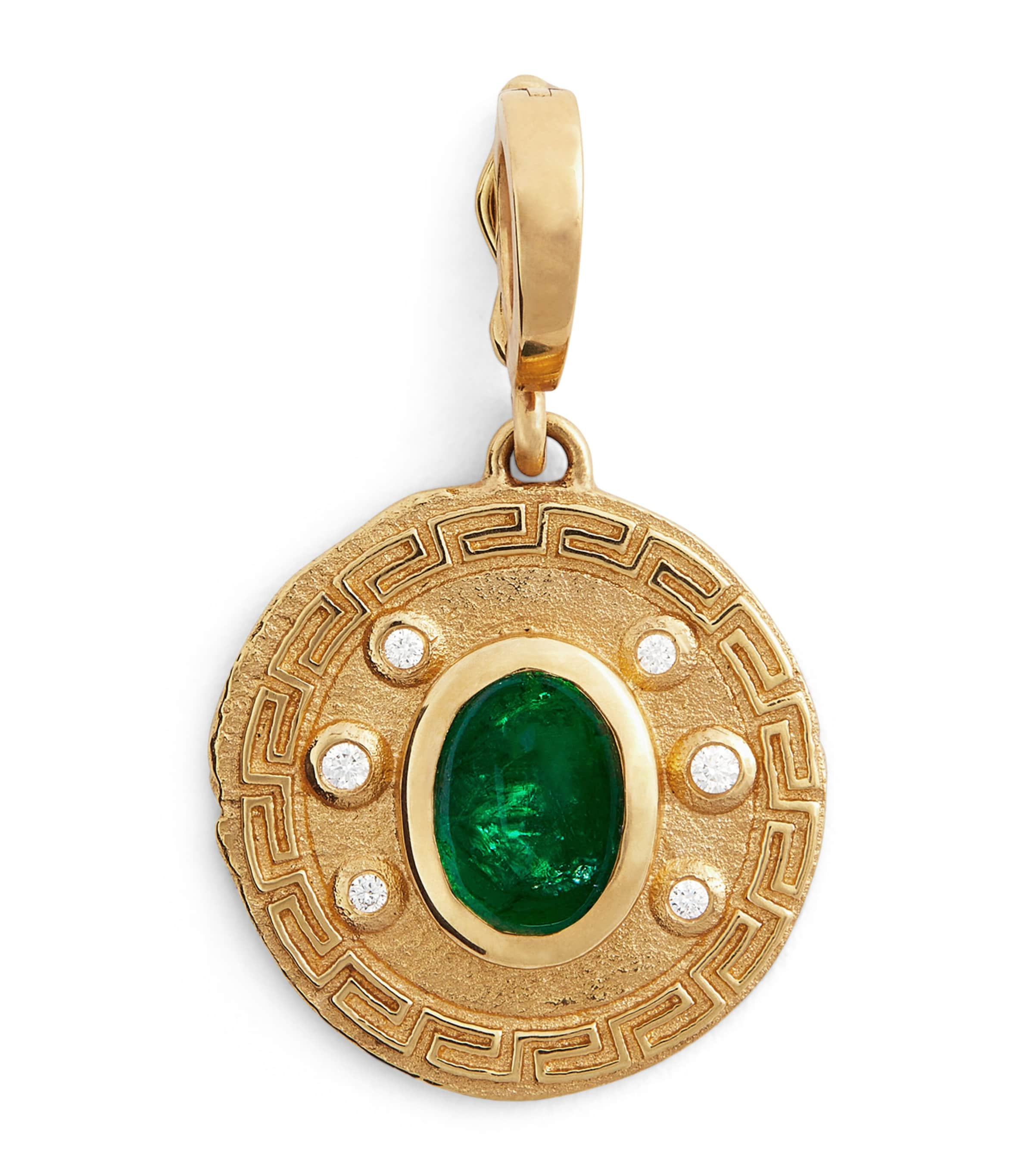 Azlee Small Yellow Gold, Diamond And Emerald Greek Pattern Coin Charm