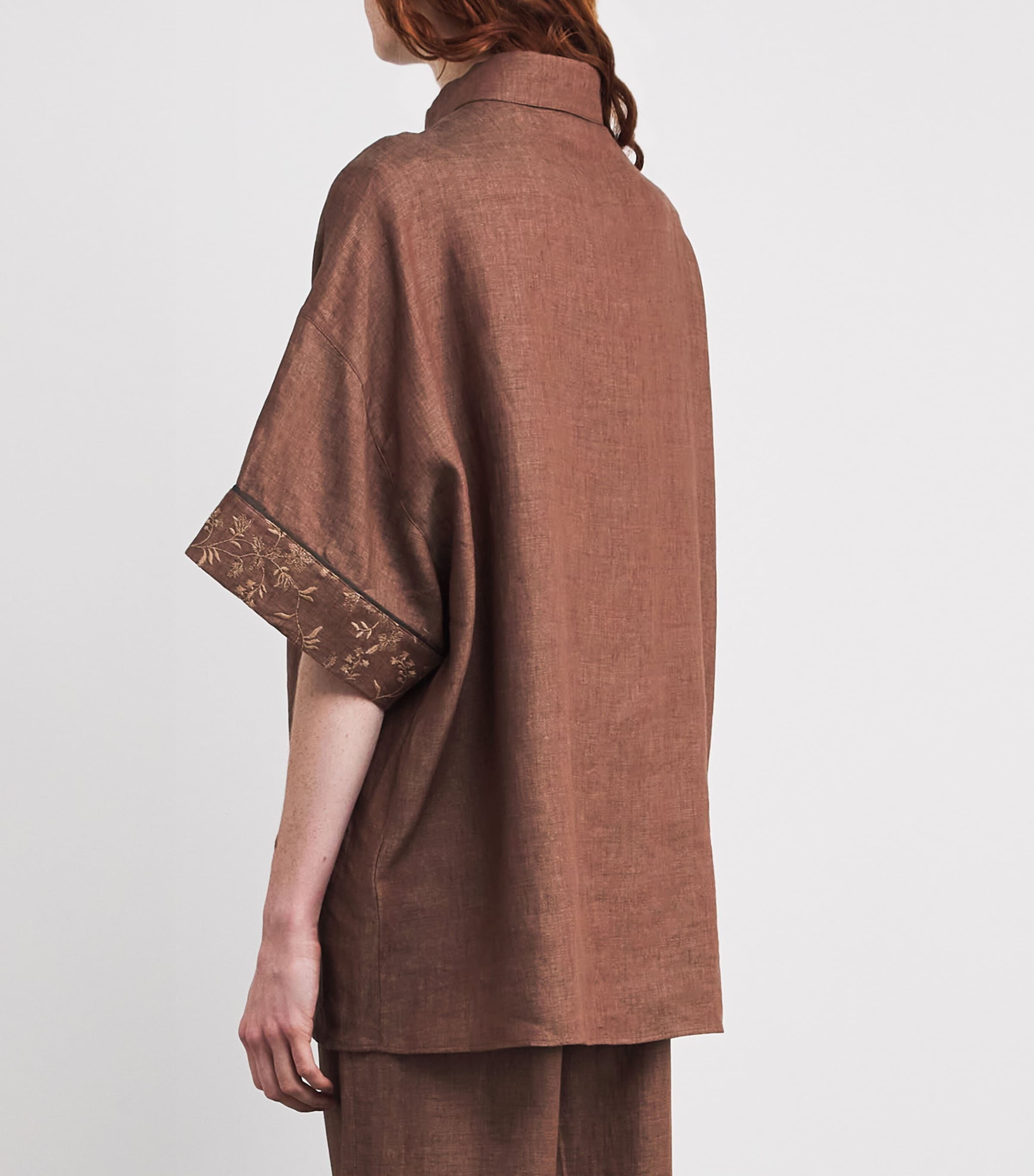 Eleventy Womens x Harrods Linen Embroidered Collared Shirt Vicuna Image 4
