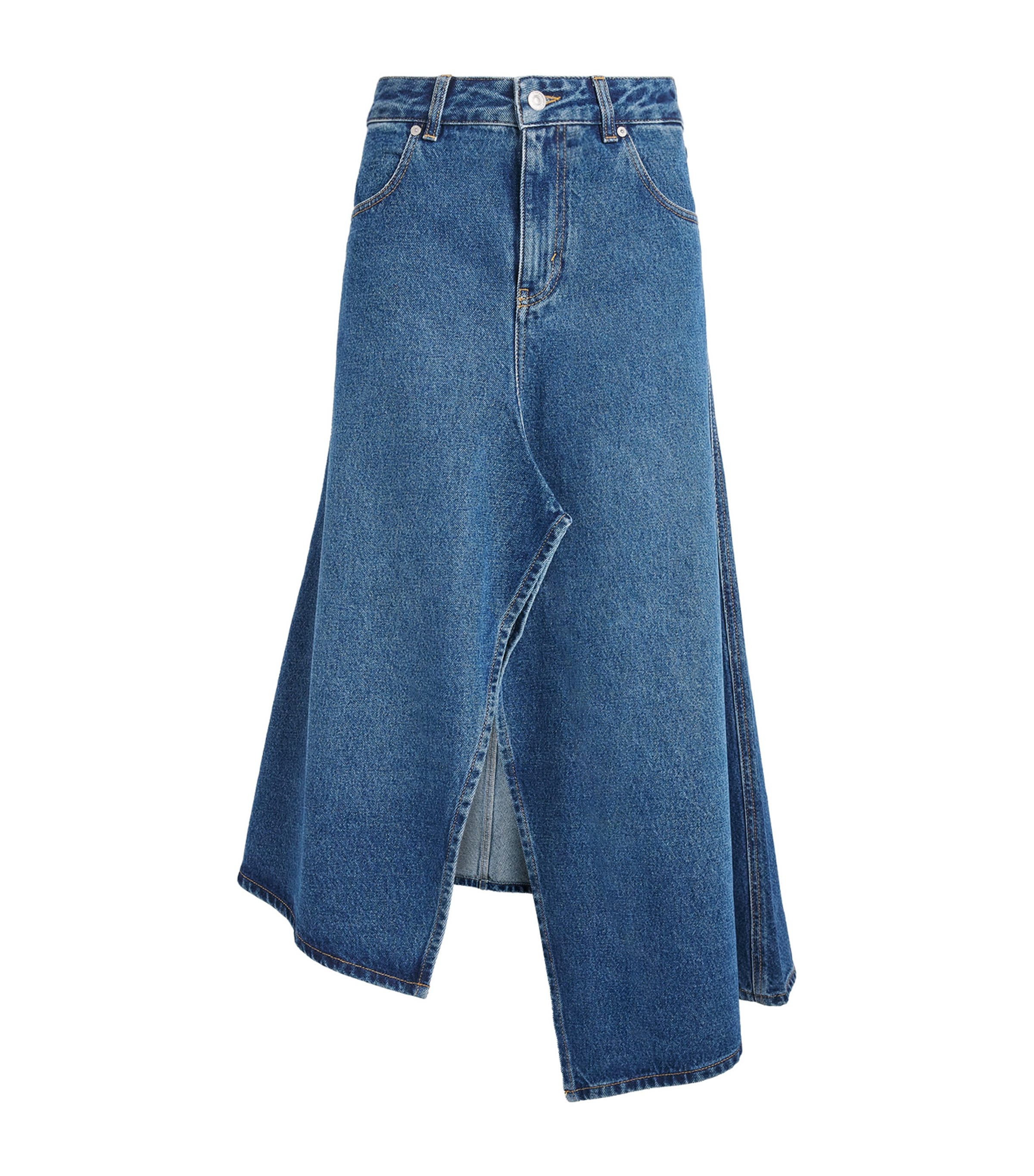Victoria Beckham Womens Asymmetric Panelled Denim Midi Skirt Mid Blue Wash Image 1