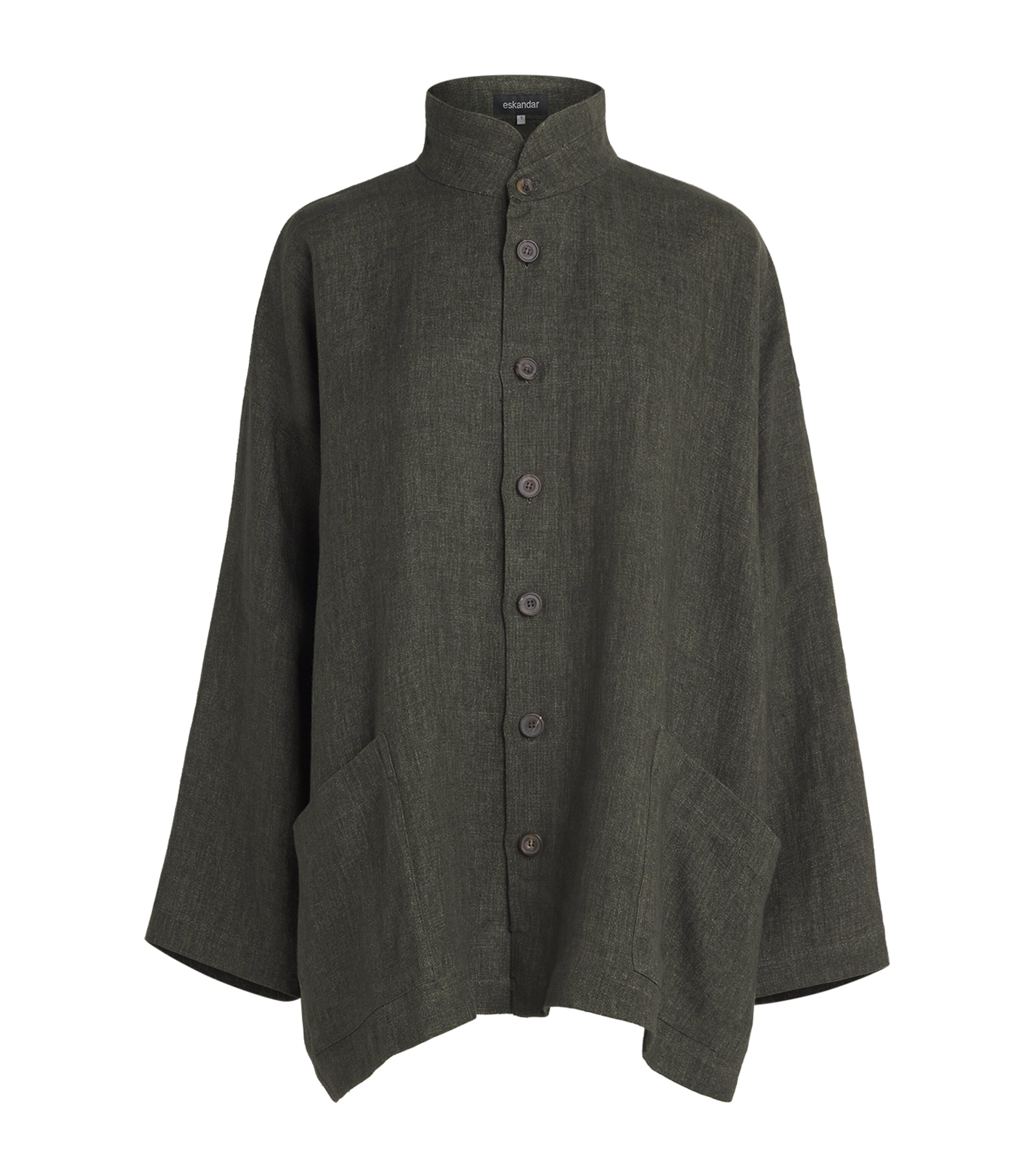 Eskandar Womens Linen Double Stand-Collar Longline Jacket Olivedark Image 1
