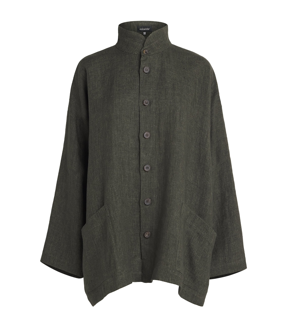 Eskandar Womens Linen Double Stand-Collar Longline Jacket Olivedark Image 1