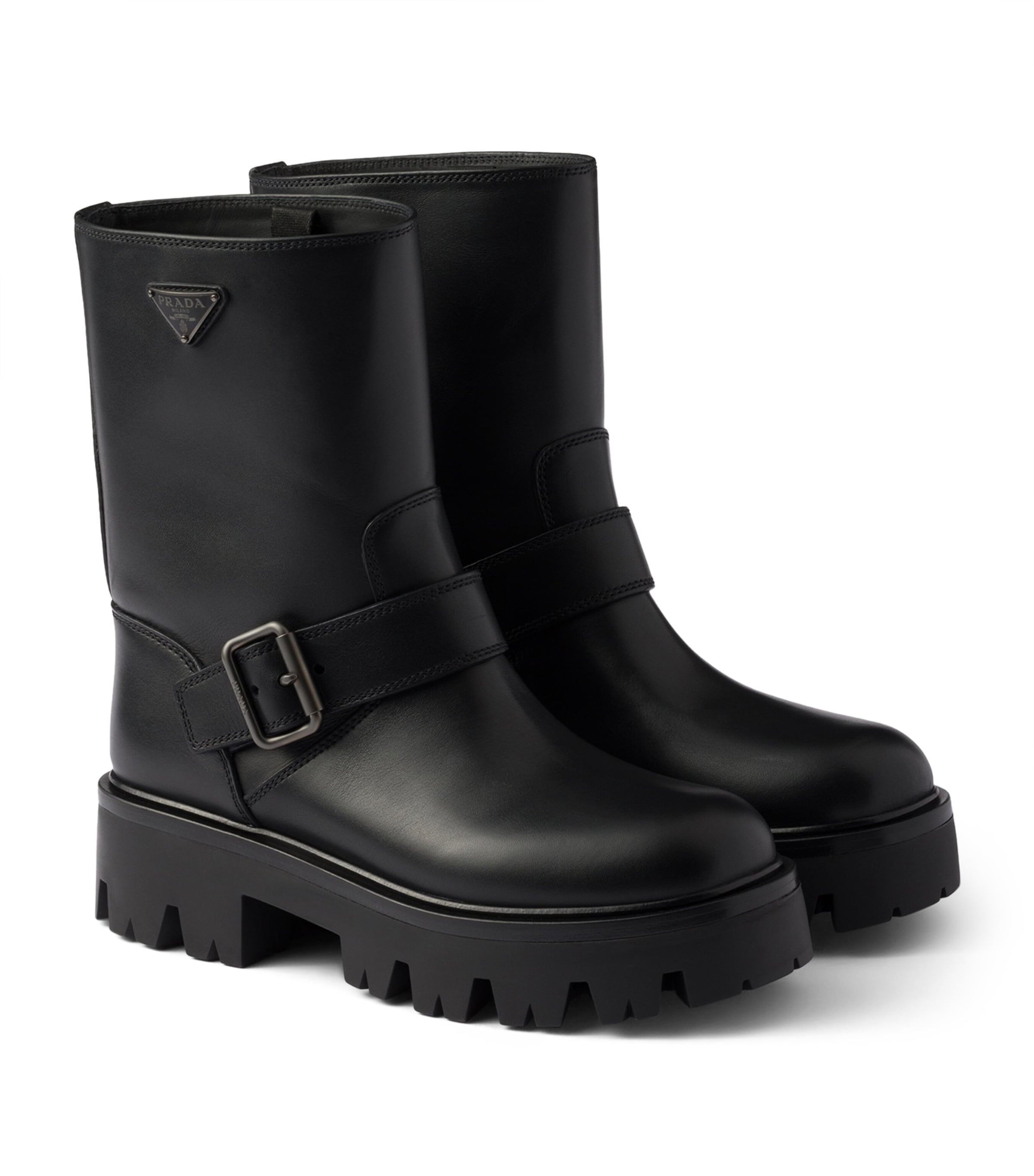 【まぎ】PRADA Leather Boots Prada Black Leather Biker Boots | Harrods UK