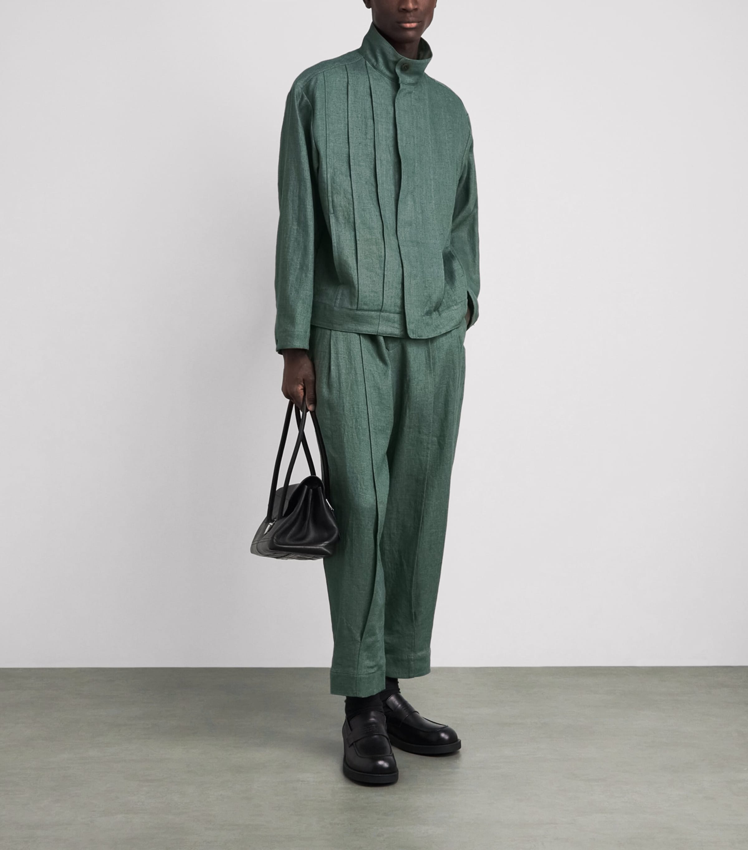 IM MEN Mens Tough Linen Pleated Trousers Dark Green Image 2