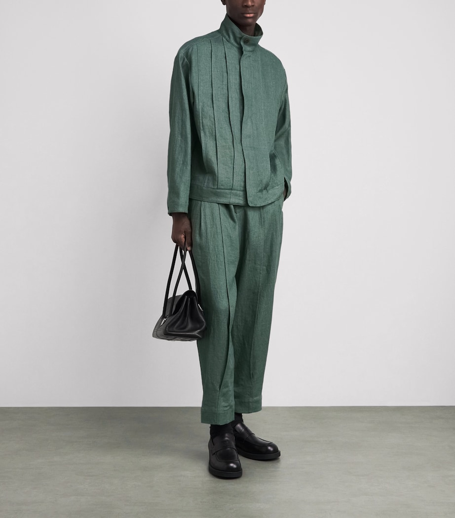 IM MEN Mens Tough Linen Pleated Trousers Dark Green Image 2