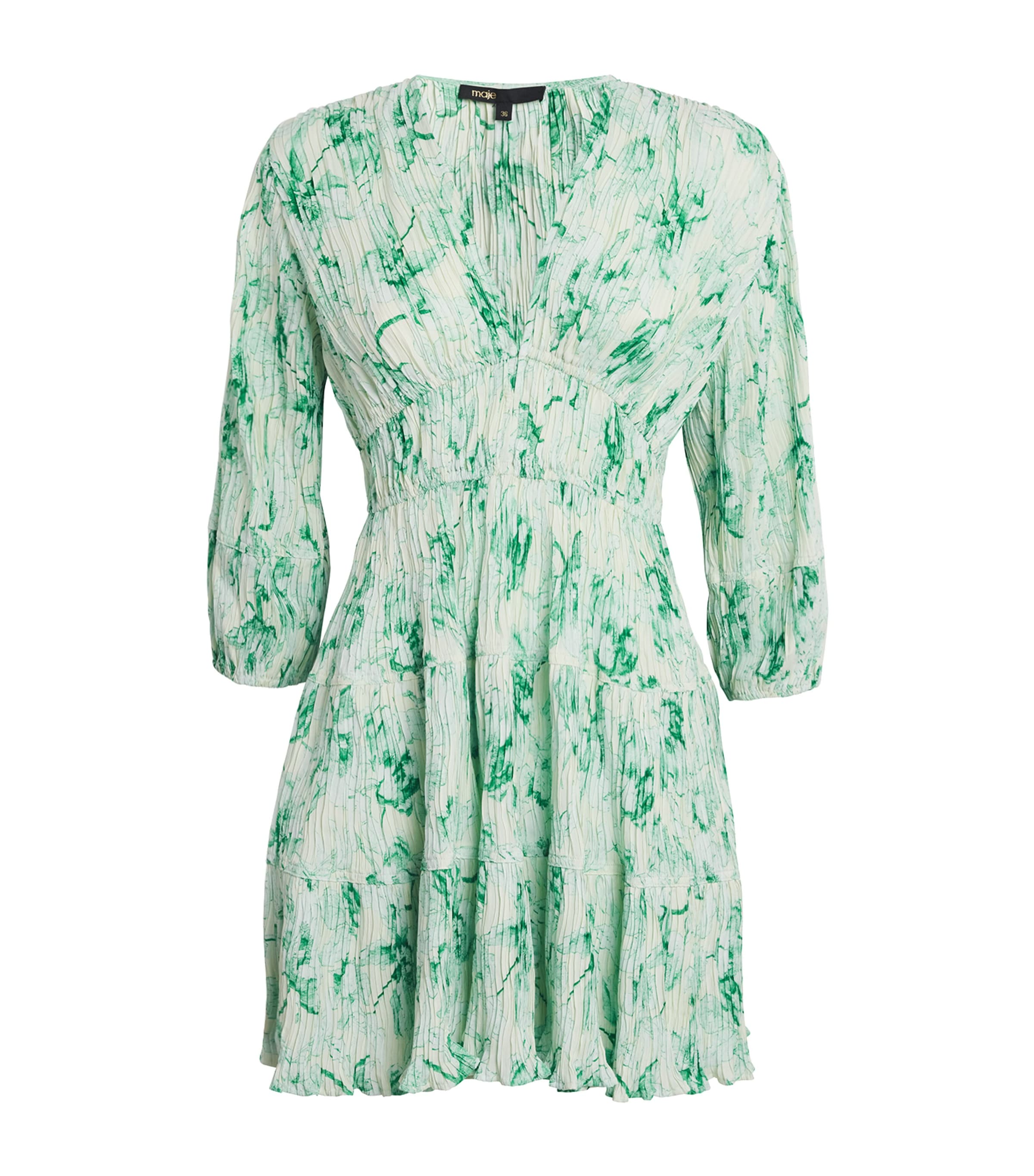 Maje Pleated Floral Mini Dress In Green