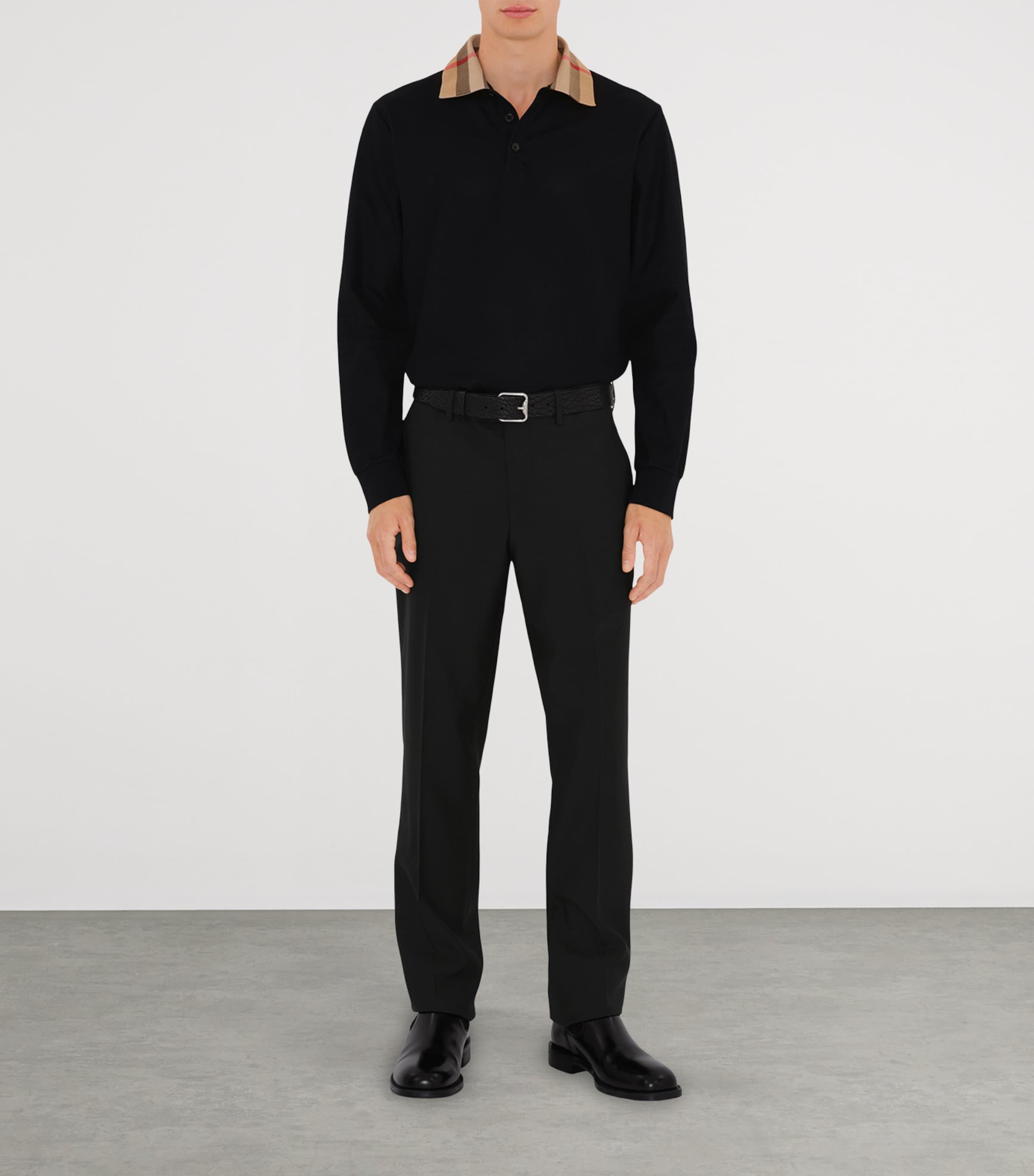 Cotton Check-Collar Long-Sleeve Polo Shirt BLACK Image 2