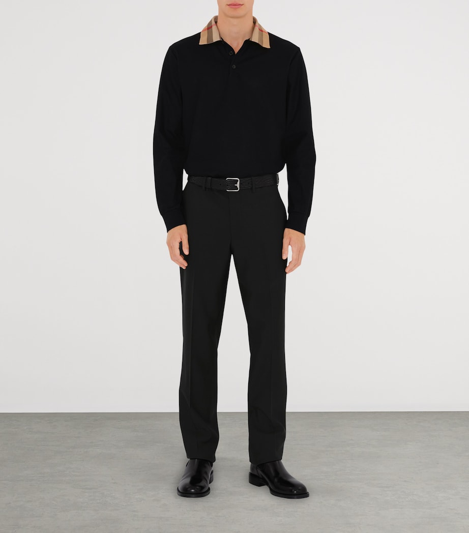 Cotton Check-Collar Long-Sleeve Polo Shirt BLACK Image 2
