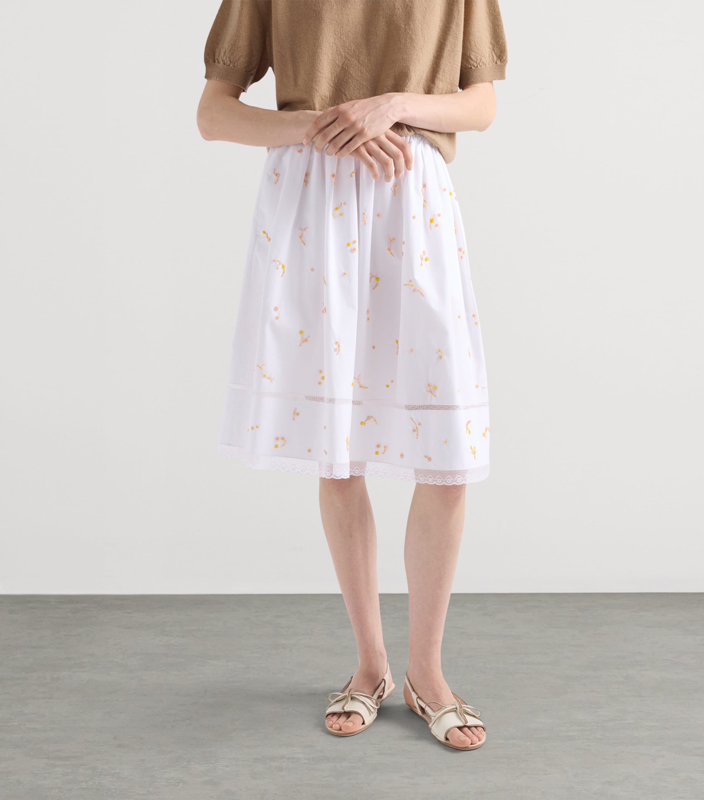 Prada Womens Cotton Poplin Embroidered Midi Skirt White Image 4