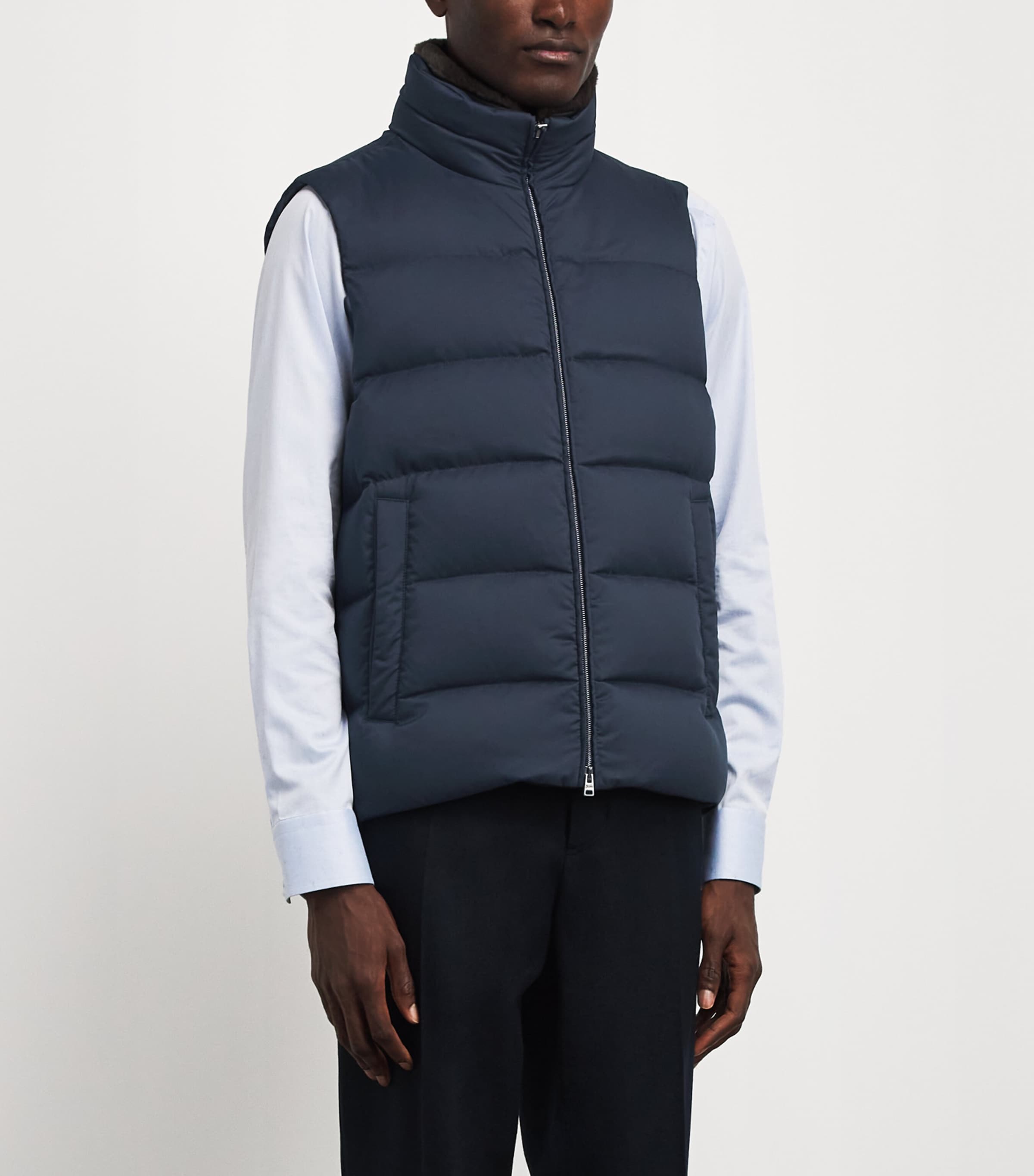 Herno Mens Faux Fur Collar Quilted Down Gilet Blu Navy Image 4