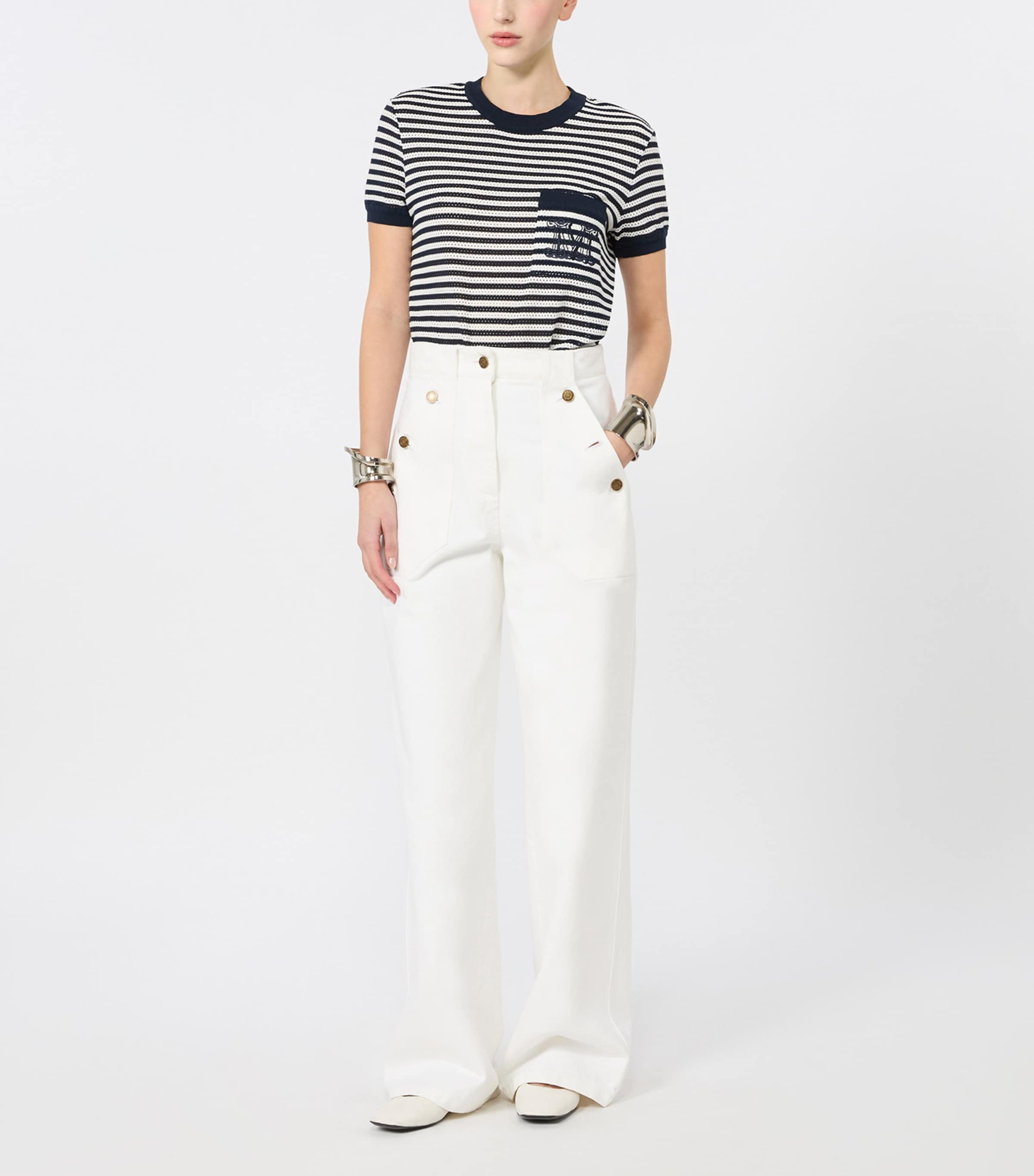 Max Mara Womens Mesh Stripe T-Shirt White Blue Image 2