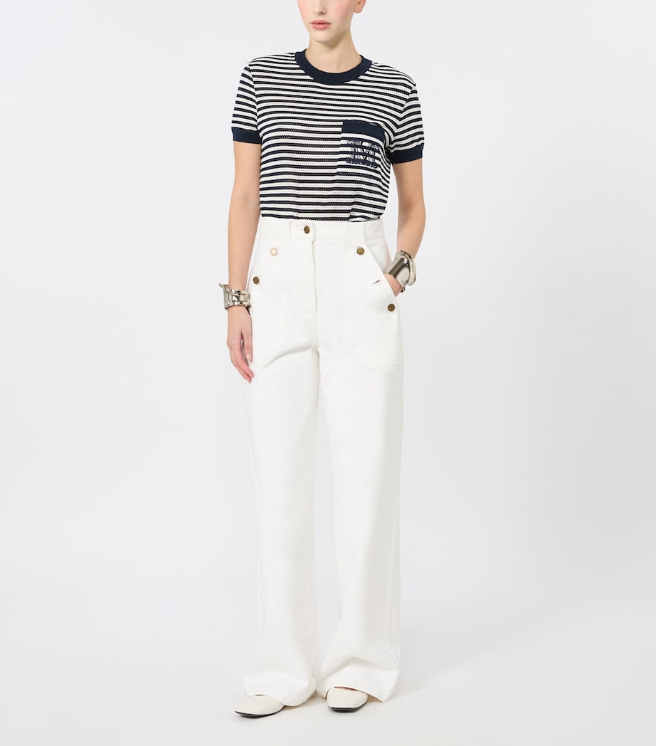 Max Mara Womens Mesh Stripe T-Shirt White Blue Image 2