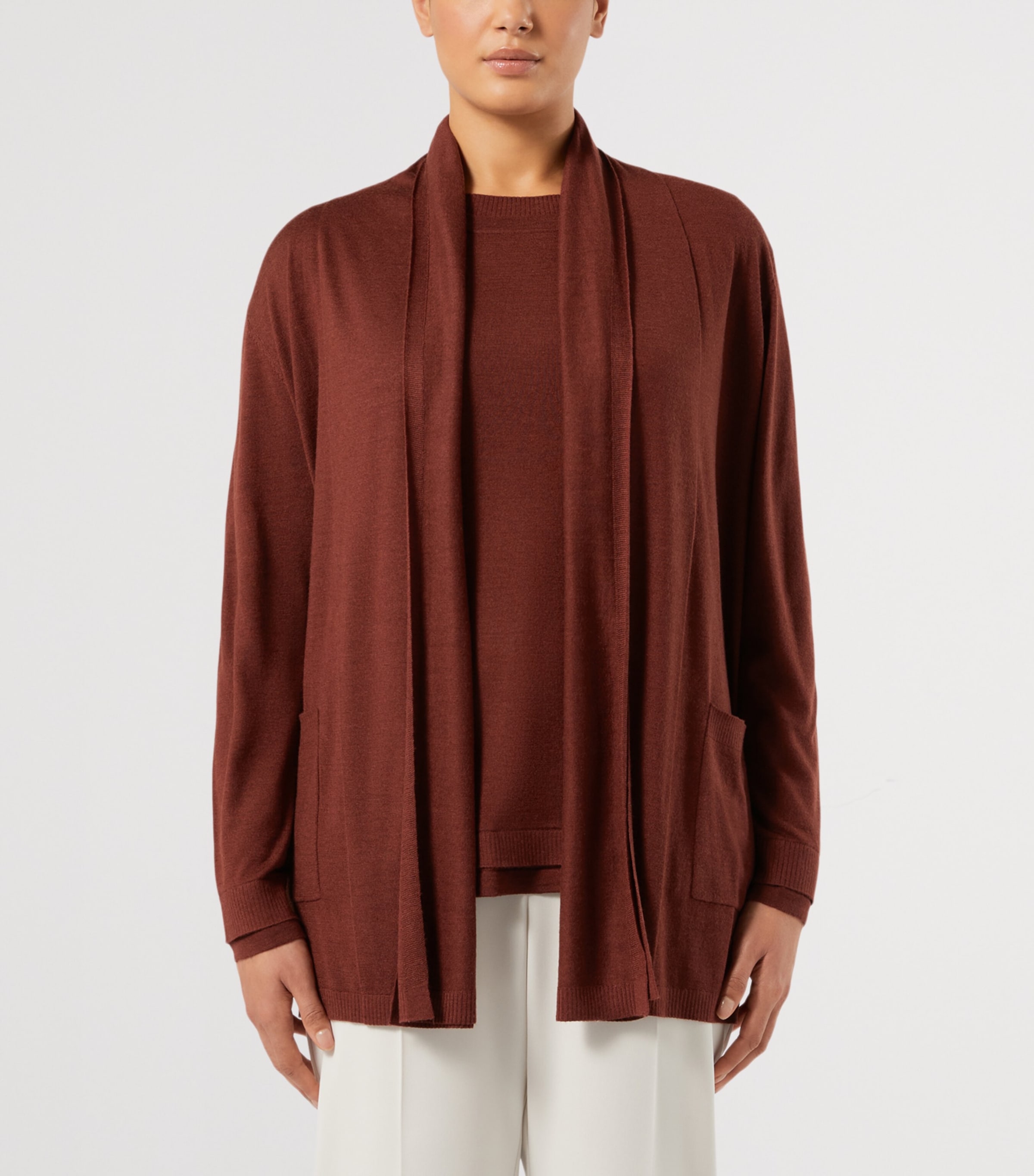 Marina Rinaldi Womens Wool-Silk Waterfall Cardigan Brick Red Image 3