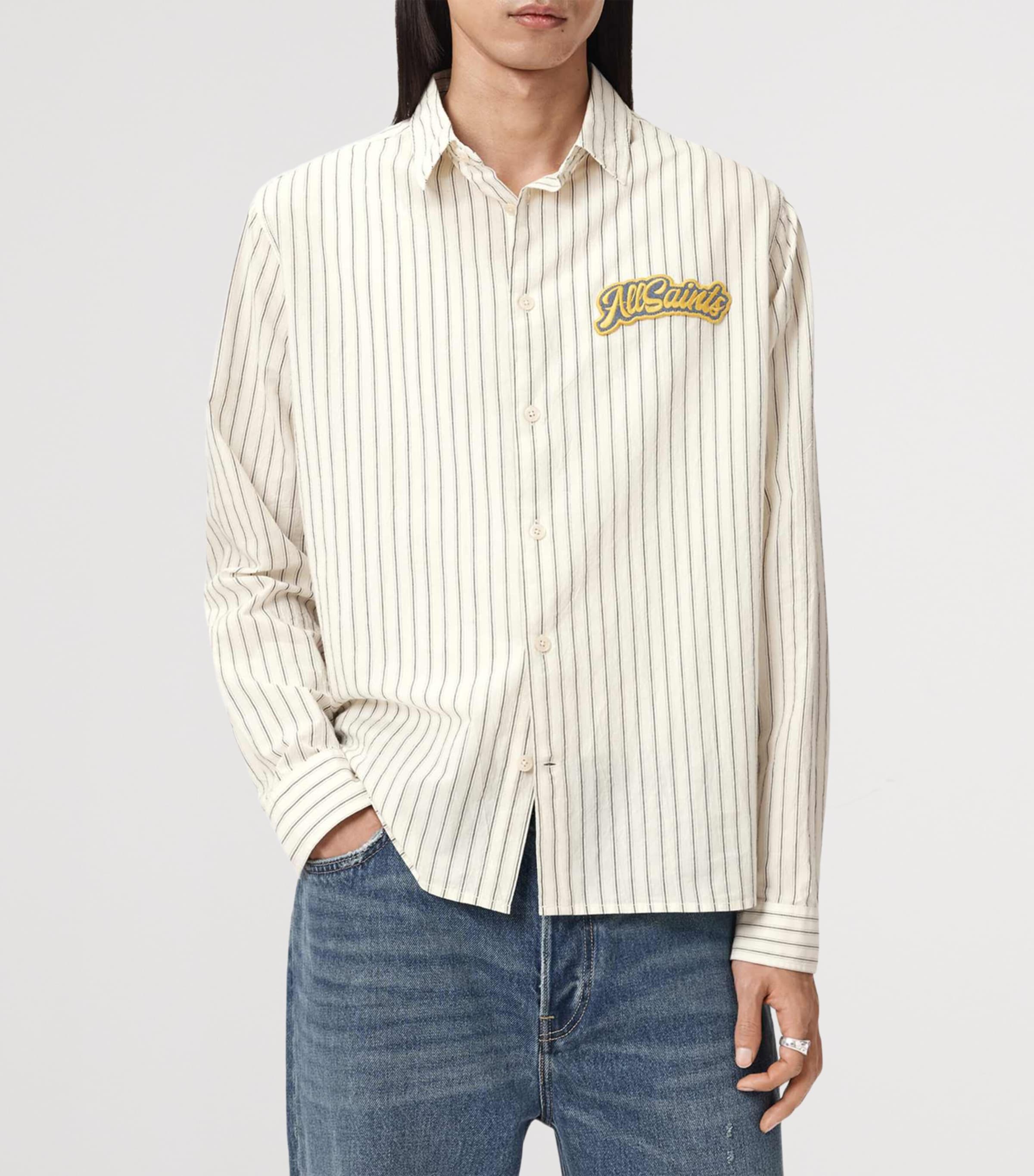 AllSaints Mens Organic Cotton Stripe Shirt Pebble White Image 3