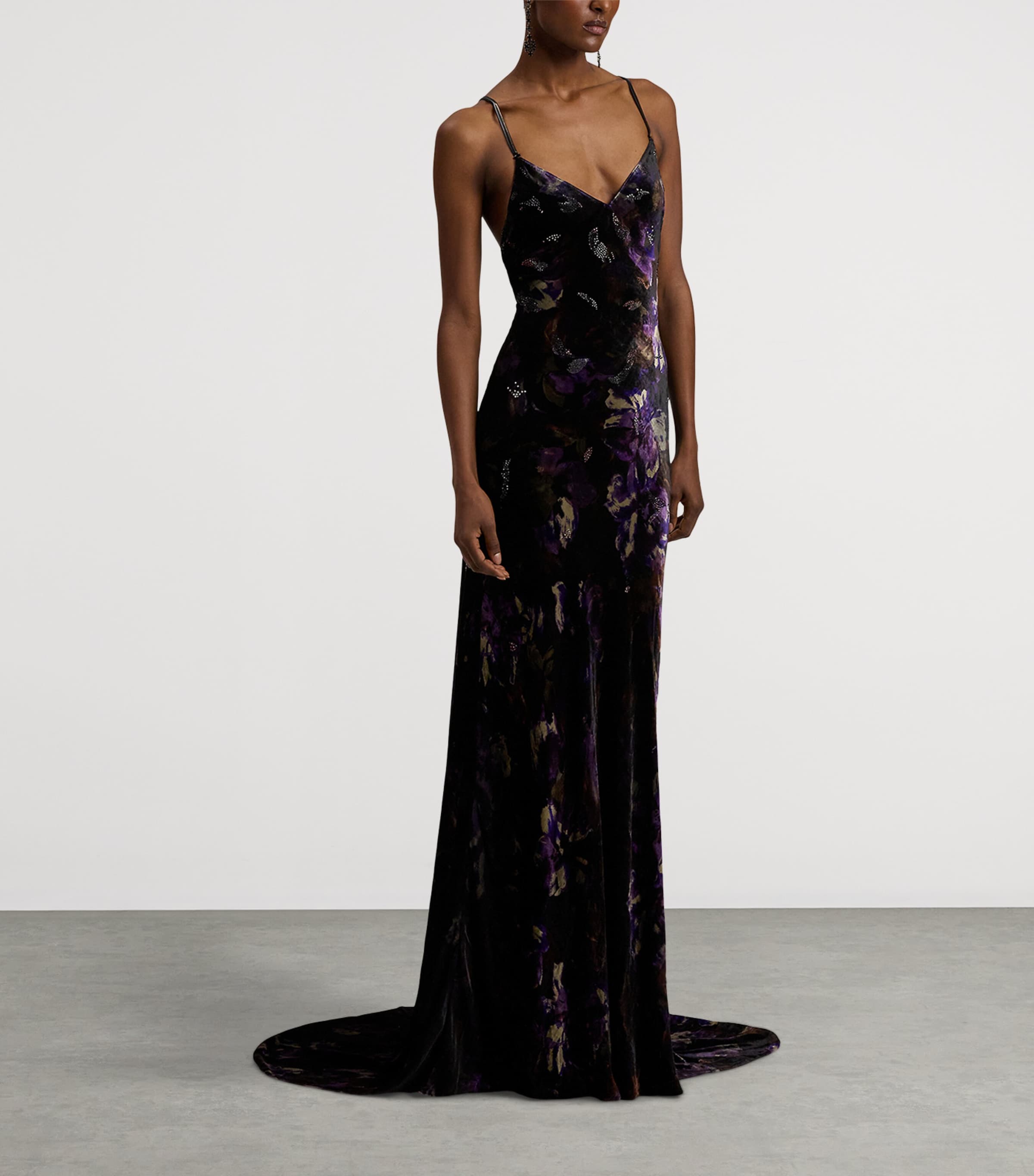 Velvet Embellished Floral Evening Dress BLACK/AUBERGINE Image 7