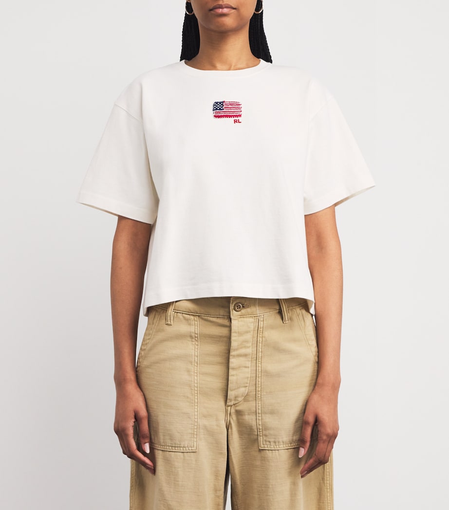 Cotton Embroidered Flag T-Shirt WHITE Image 3