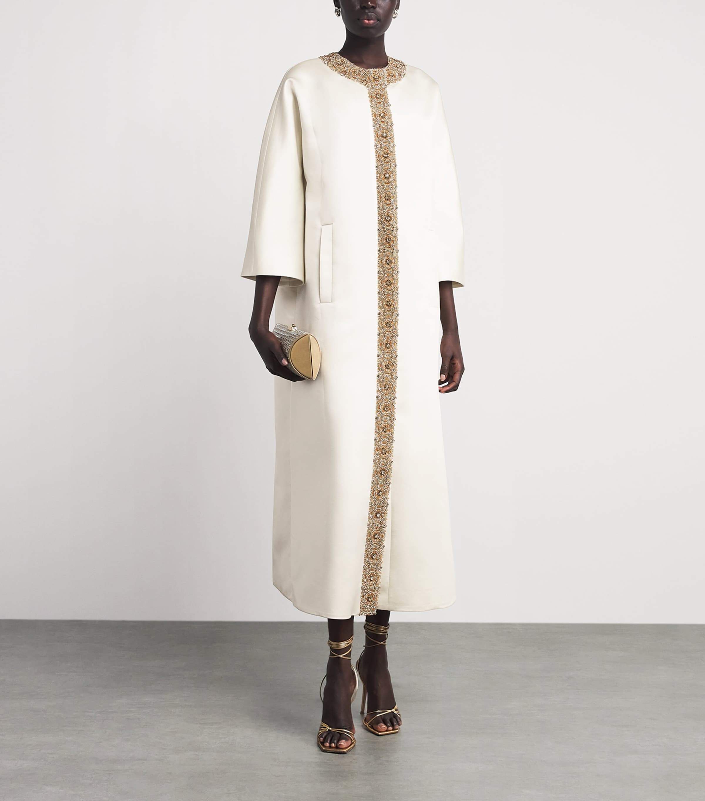 Huishan Zhang Womens Satin Embellished Halo Overcoat Ivory Image 2